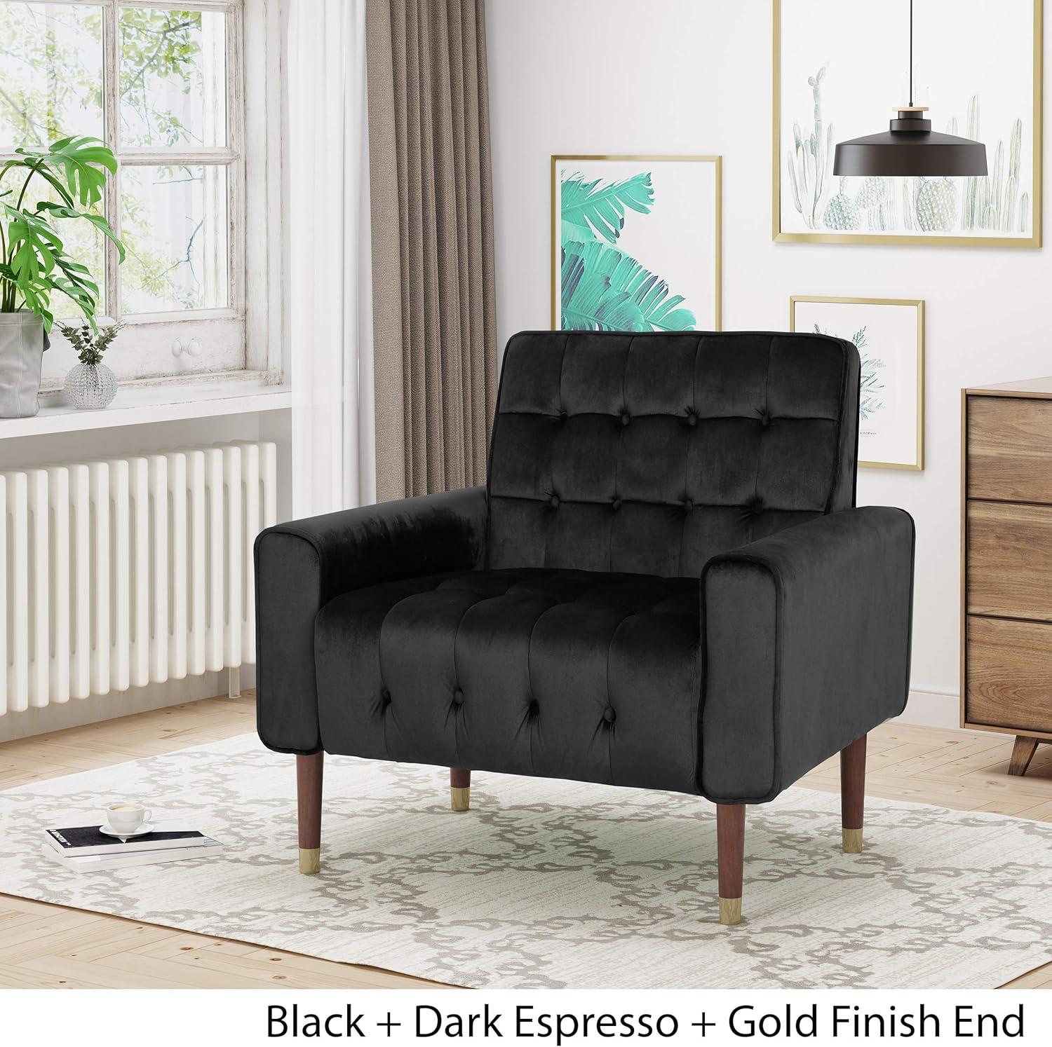 Black Velvet Modern Glam Accent Chair with Birch Legs