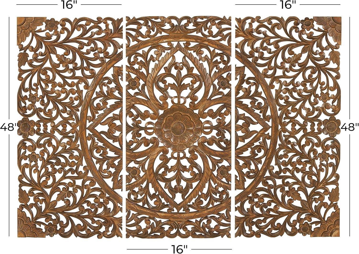 DecMode Brown Wooden Handmade Intricately Carved Floral Wall Decor (3 Count)