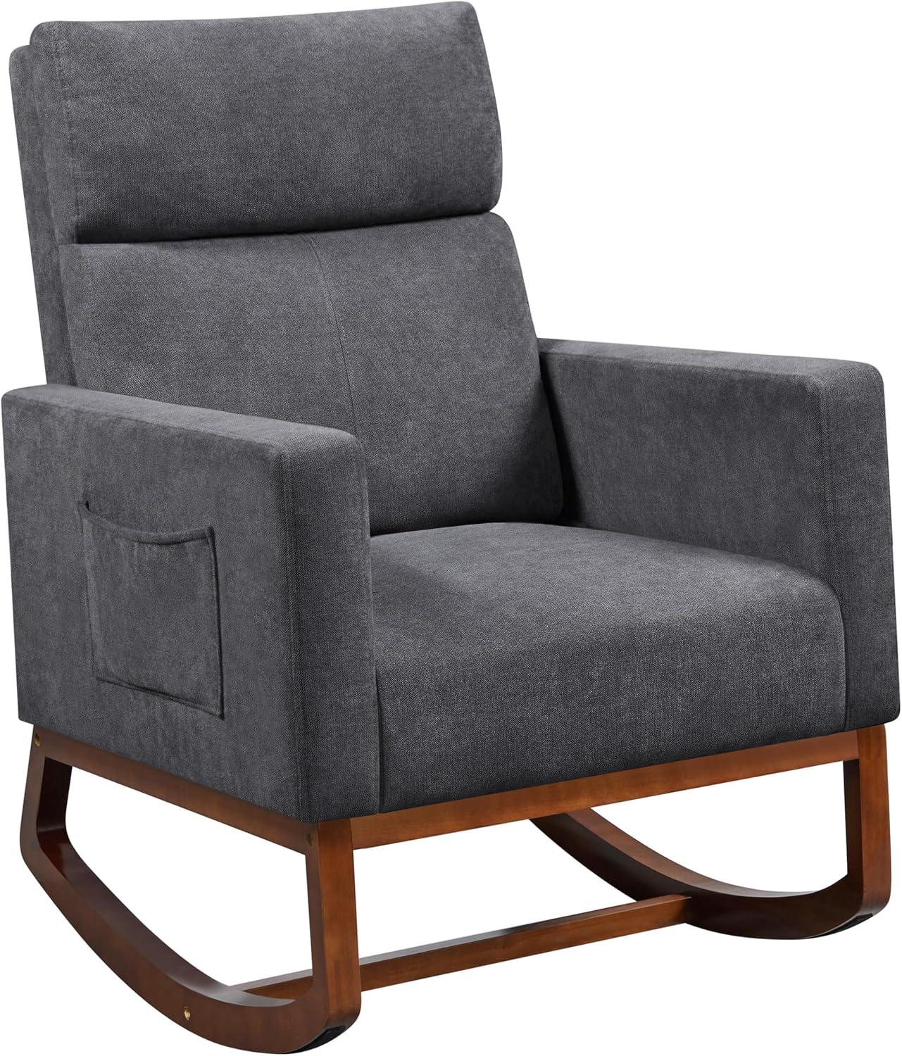 Gray Upholstered Rocking Chair with Rubber Wood Legs and Side Pockets