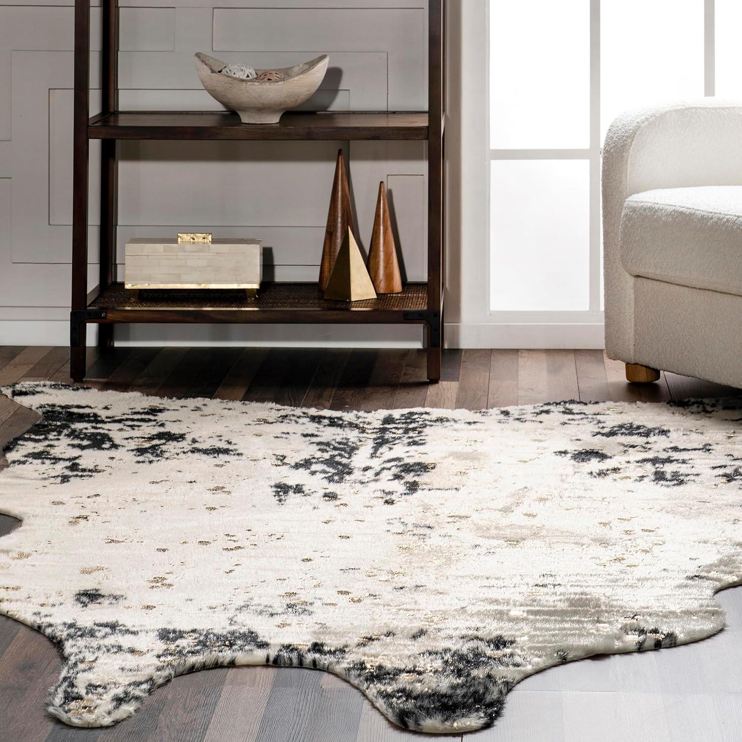 Chehalis Contemporary Faux Cowhide Power Loom Black/Gold Rug