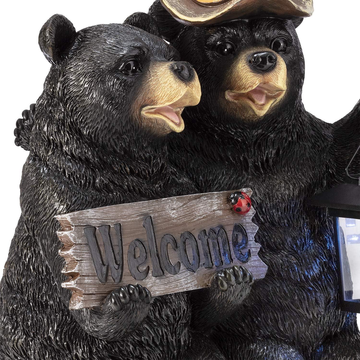 Alpine Corporation 15" Tall Outdoor Bear Couple with Lantern and Welcome Sign Statue with Solar LED Light Yard Art Decoration