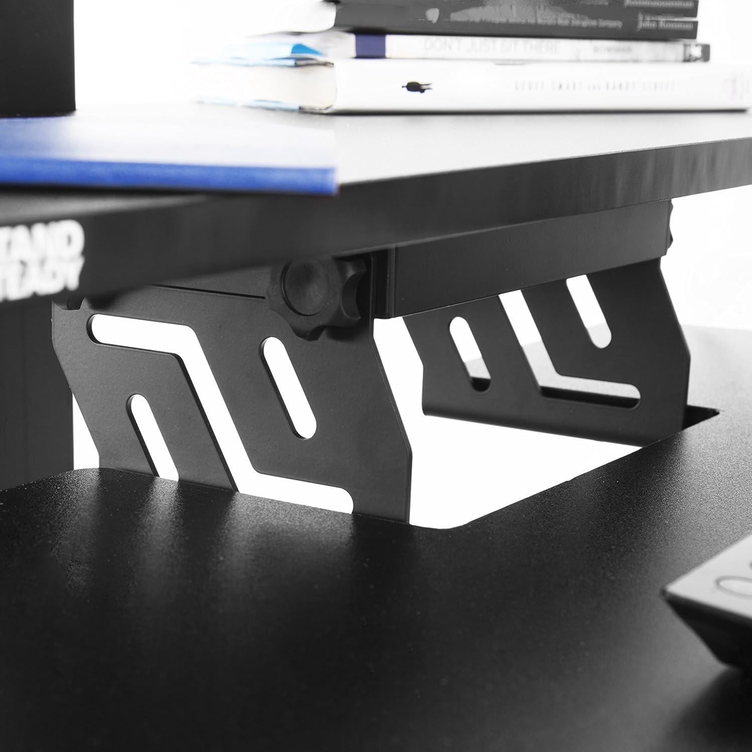 Techtonic Electric 3 Arm Monitor Mount Standing Desk - Sit to Stand Desk Converter with Keyboard Tray – Black – Stand Steady