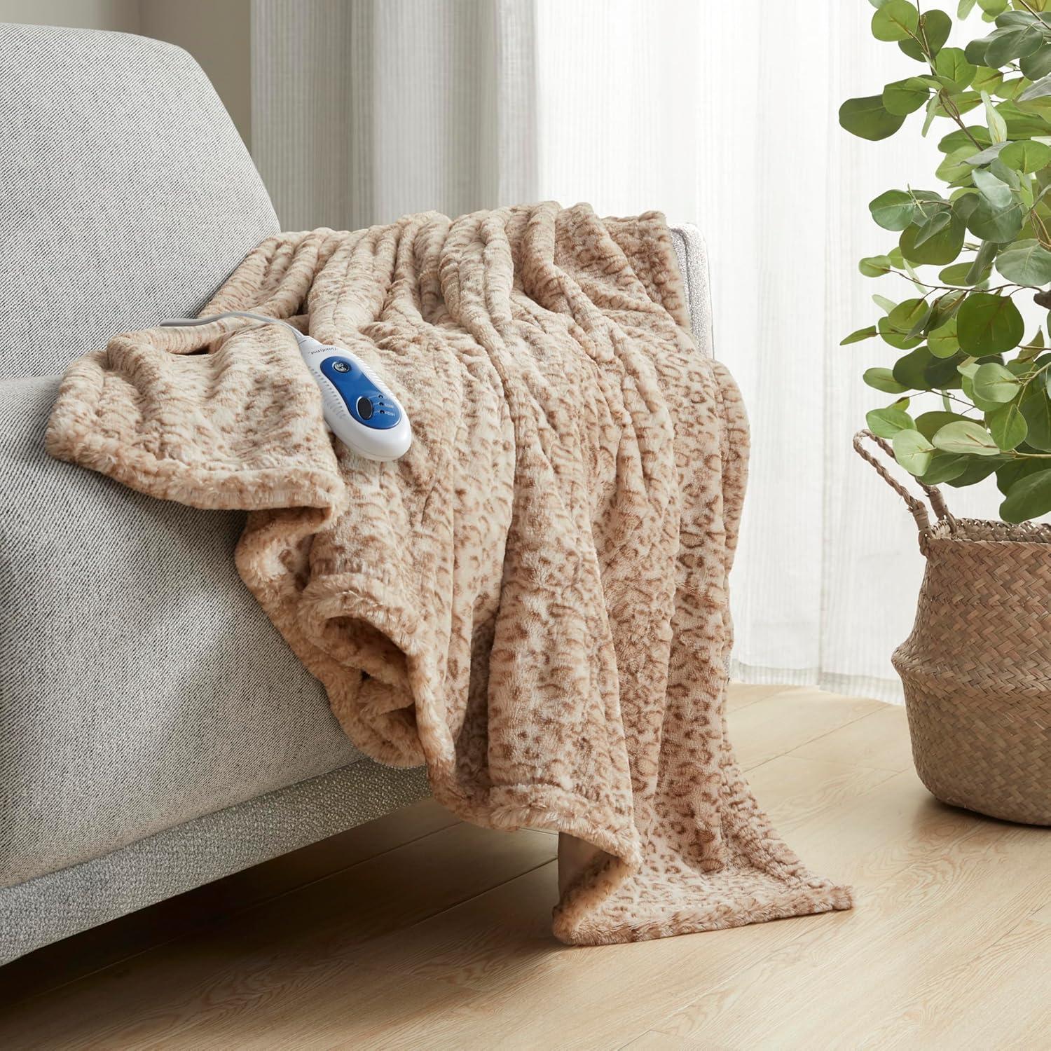 Beautyrest Zuri Reversible Faux Fur to Mink Electric Blanket, Auto Shut Off, Virtually Zero EMF, Multi Heat Setting, UL Certified, Machine Washable, Leopard Throw 50x70