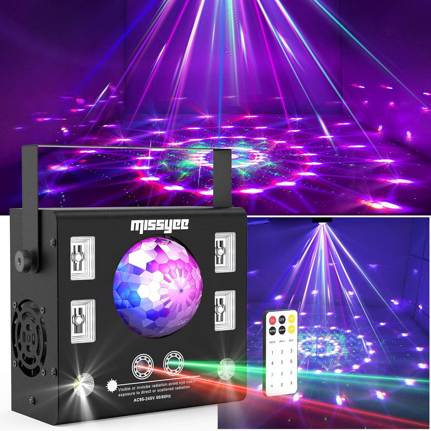 DJ Lights 4 in 1 with Disco Ball, LED Pattern & Strobe Sound Activated Stage Lights, Compatible with DMX Control for Home Dance Wedding Event Party