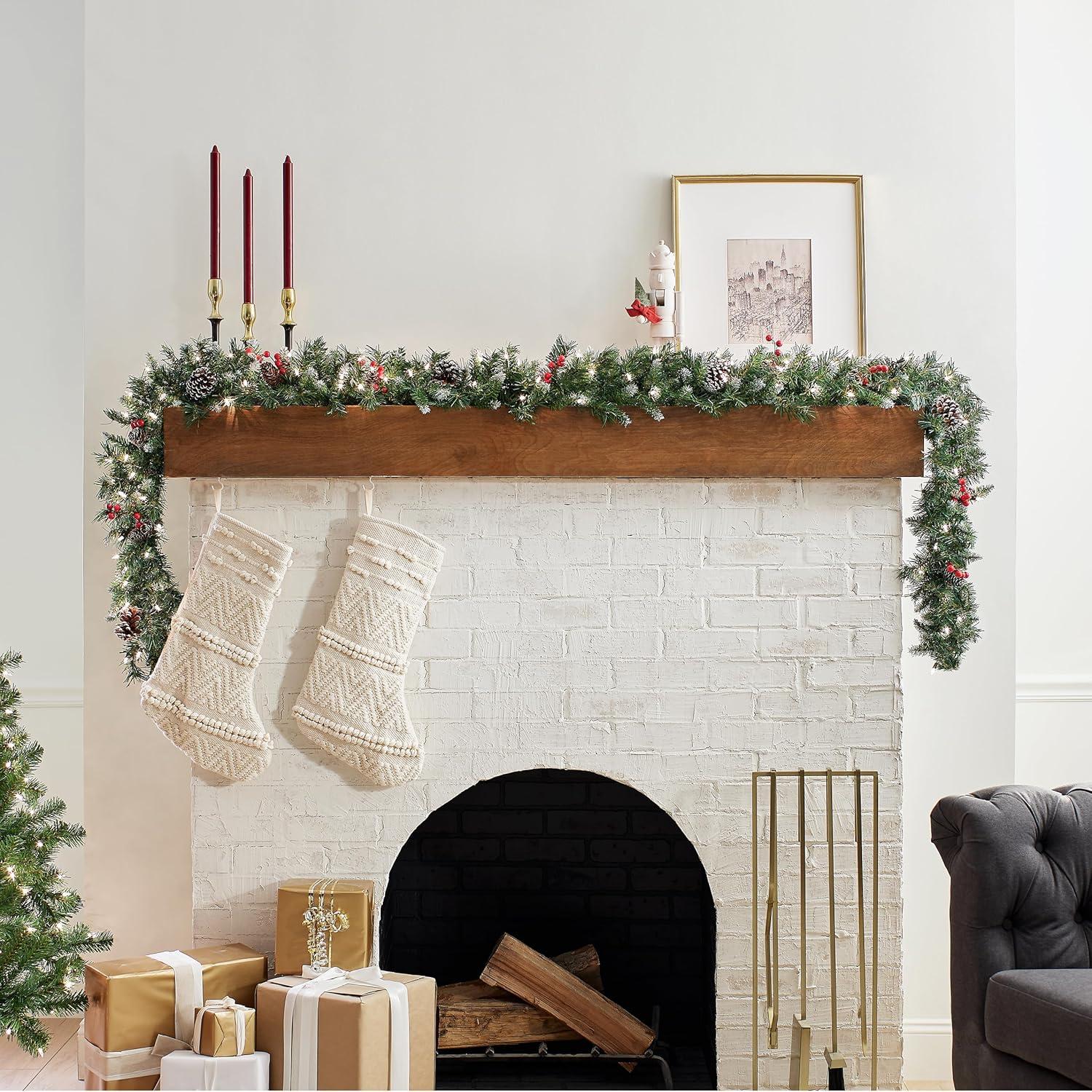 9-Foot Green Frosted Berry Christmas Garland with Pine Cones and Lights