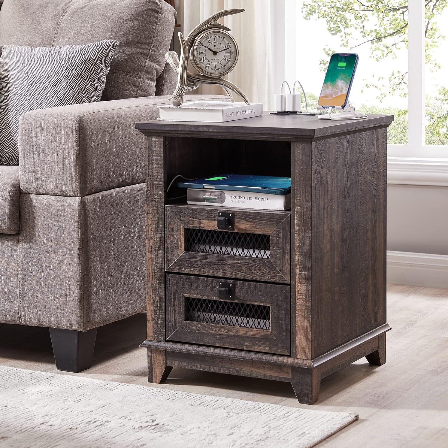 OKD 18'' Nightstand with Charging Station & 2 Drawers, Square End Table