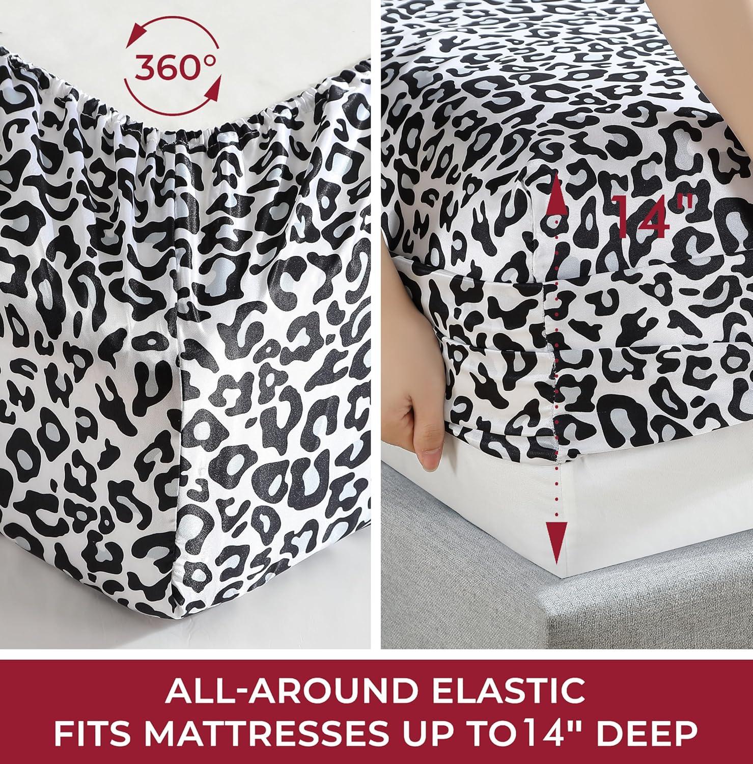 Queen Silver Satin Polyester Snow Leopard Print Sheet Set