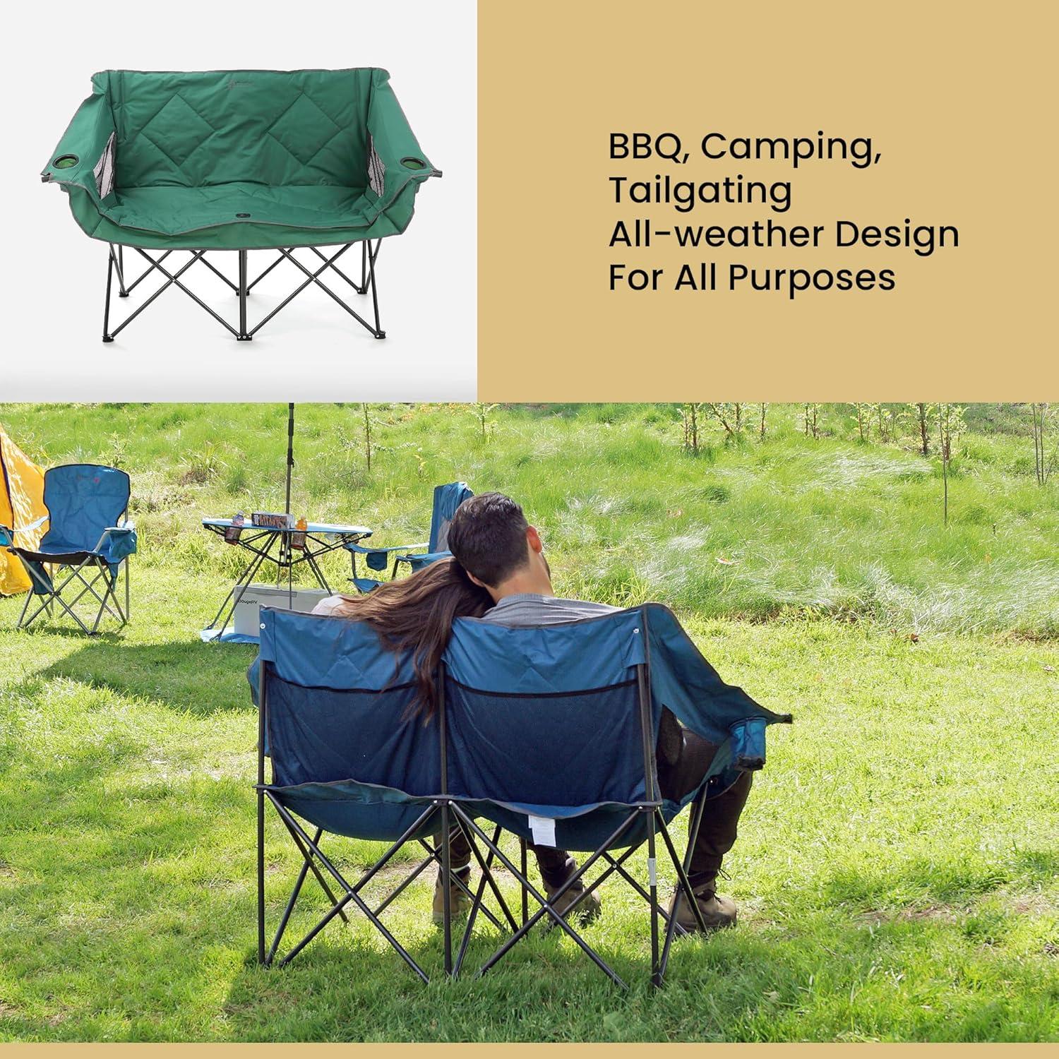 Arrowhead Outdoor Portable Folding Double Duo Camping Chair Loveseat Couch w/ 2 Cup & Wine Glass Holder, Supports up to 500lbs (Forest Green)