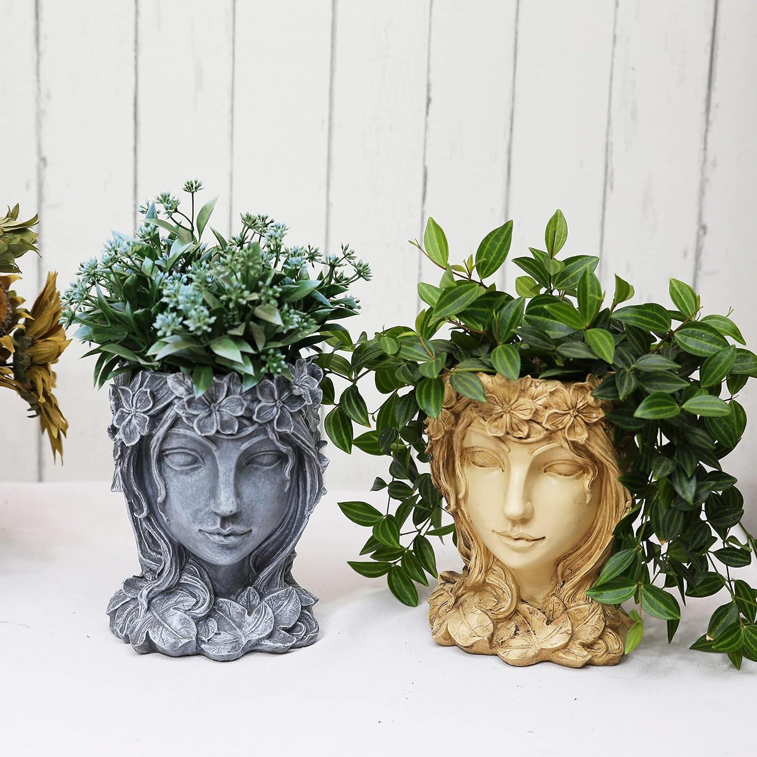 Winston Porter Head Planter Face Flower Pot Goddess Statue Planter Decorative Girl Portrait Planter Indoor Outdoor Girl Face Flower Vase Container Planter (Gray)