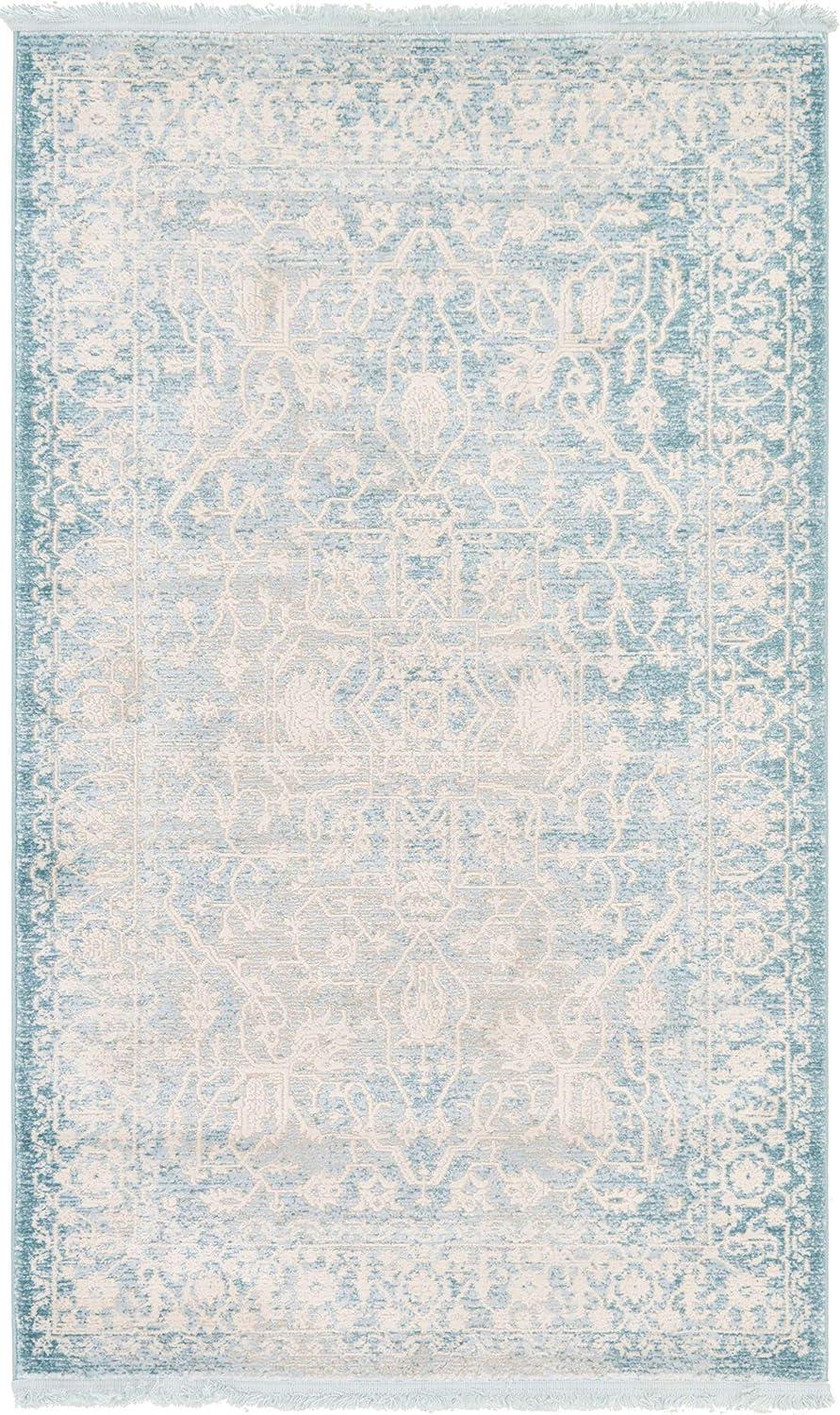 Light Blue and Ivory Abstract Stain-Resistant Rectangular Rug