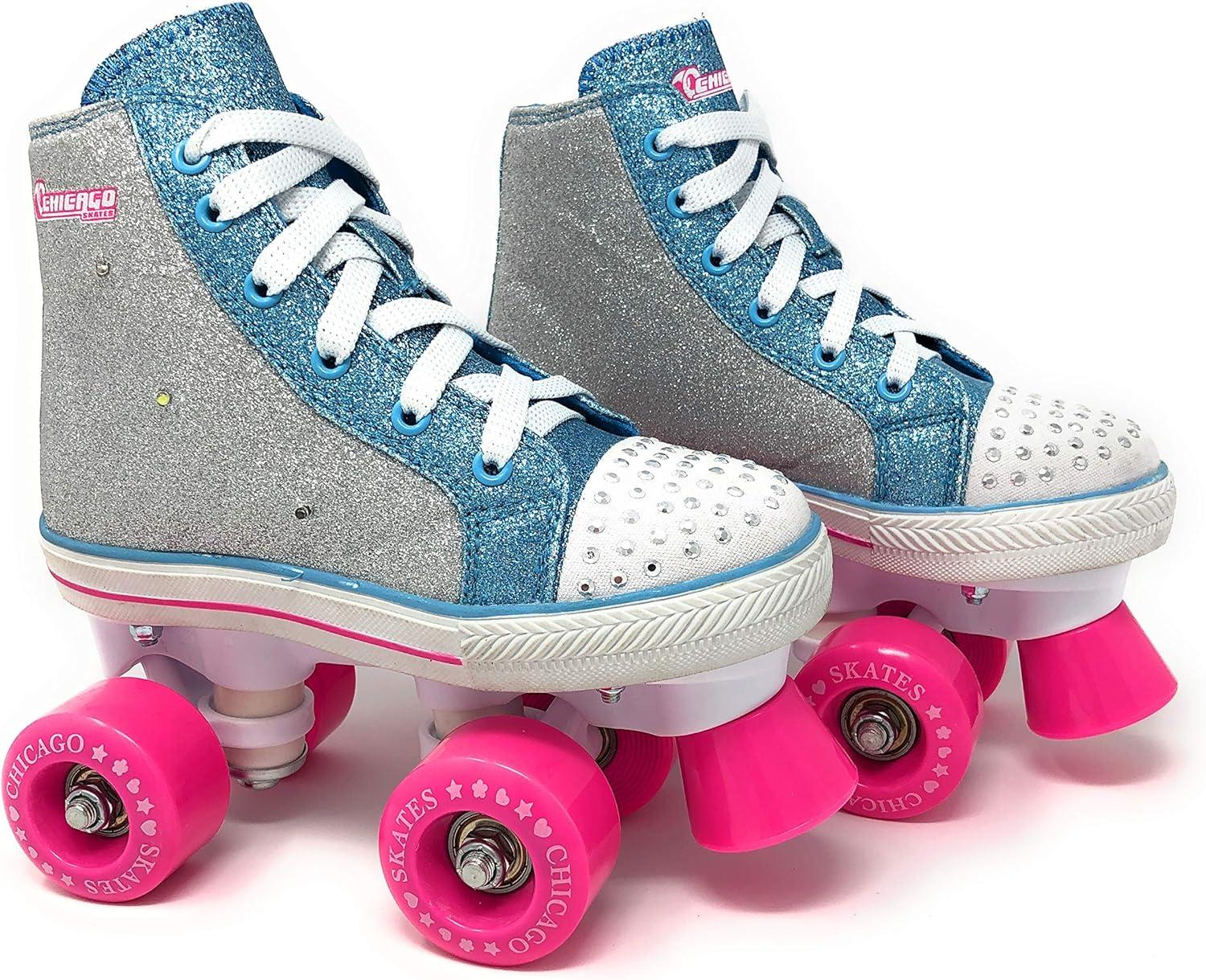 Chicago Girls Fashion Quad Skates – Glitter High-Top, Flashing Lights, 54mm Urethane Wheels, Adjustable Trucks, Indoor & Outdoor Use