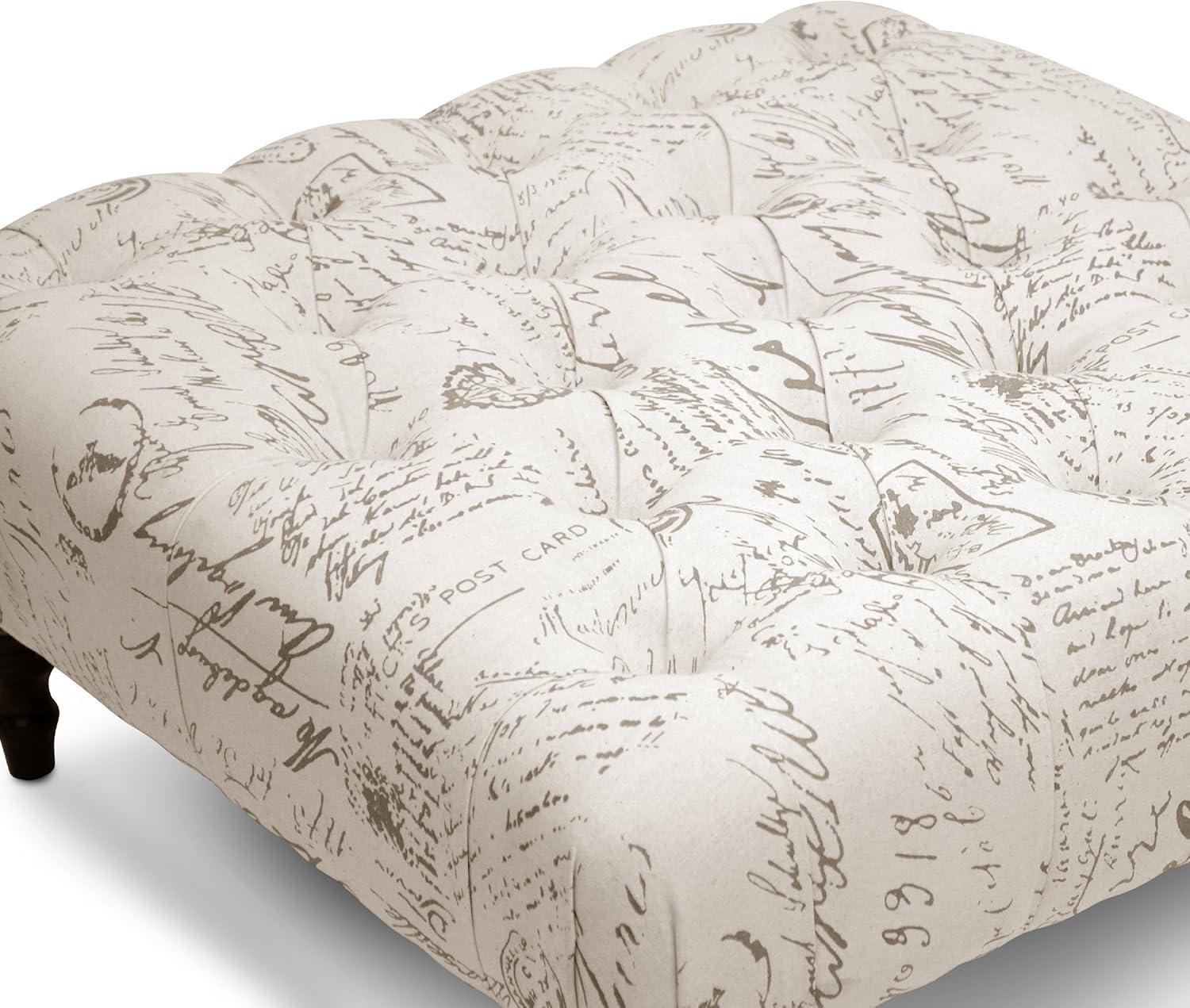 Keswick 35" Tufted Beige Script Print Ottoman with Wood Legs