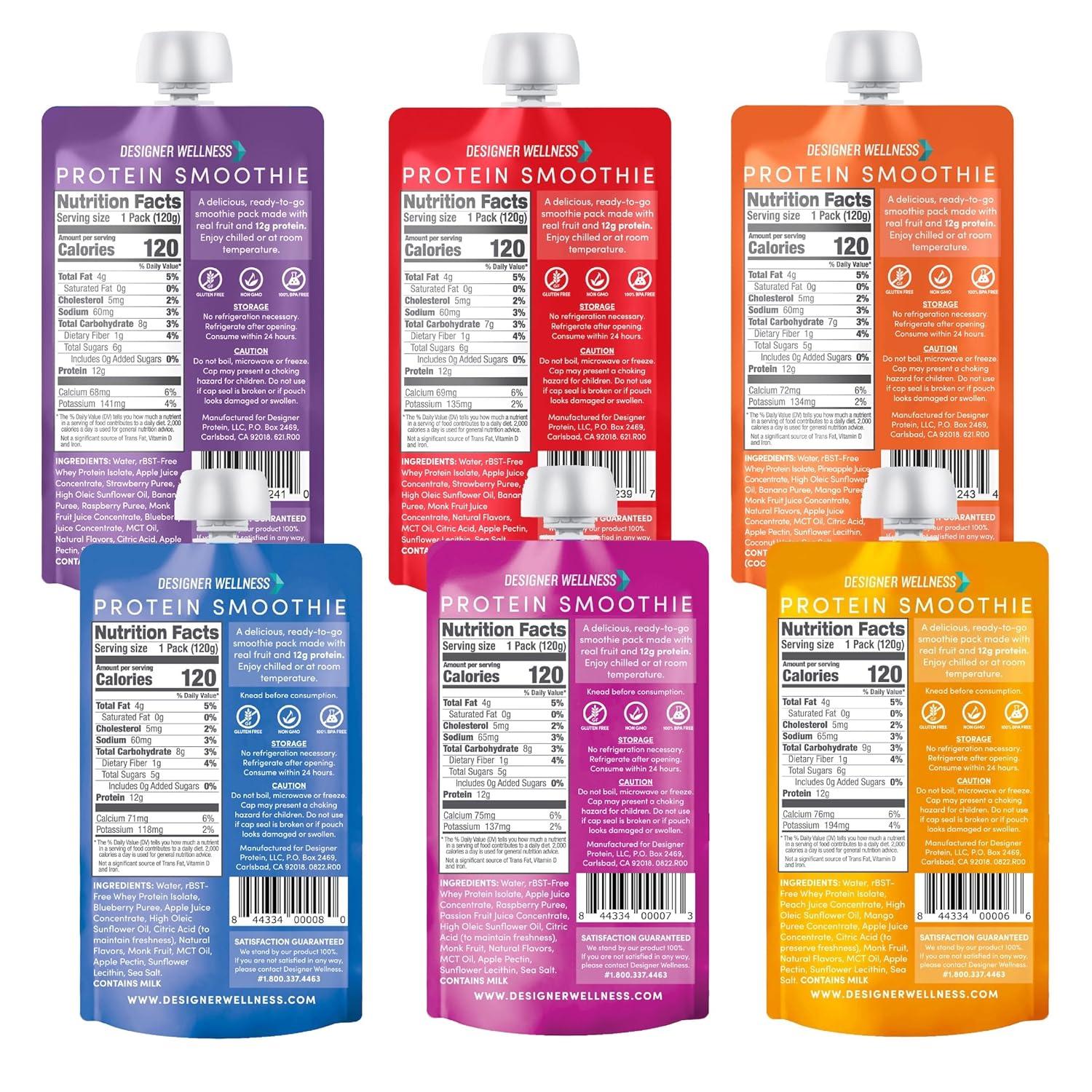 Designer Wellness Protein Smoothie, Real Fruit, 12g Protein, Low Carb, Zero Added Sugar, Gluten-Free, Mixed Variety, 12 Count