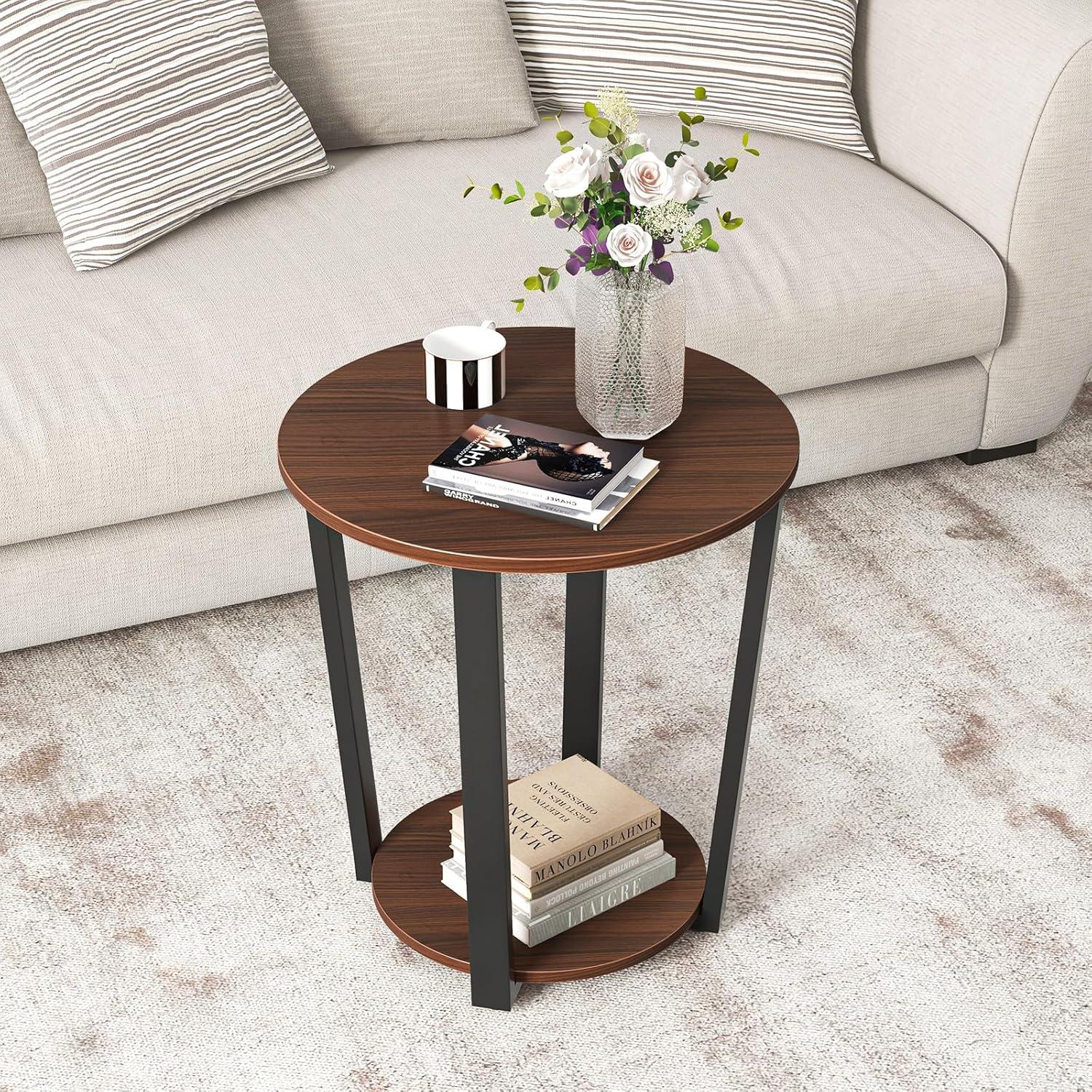 Topcobe 2-tier Round End Table with Storage Shelf & Metal Frame, Couch Side Table Living Room, Stylish Design, Walnut