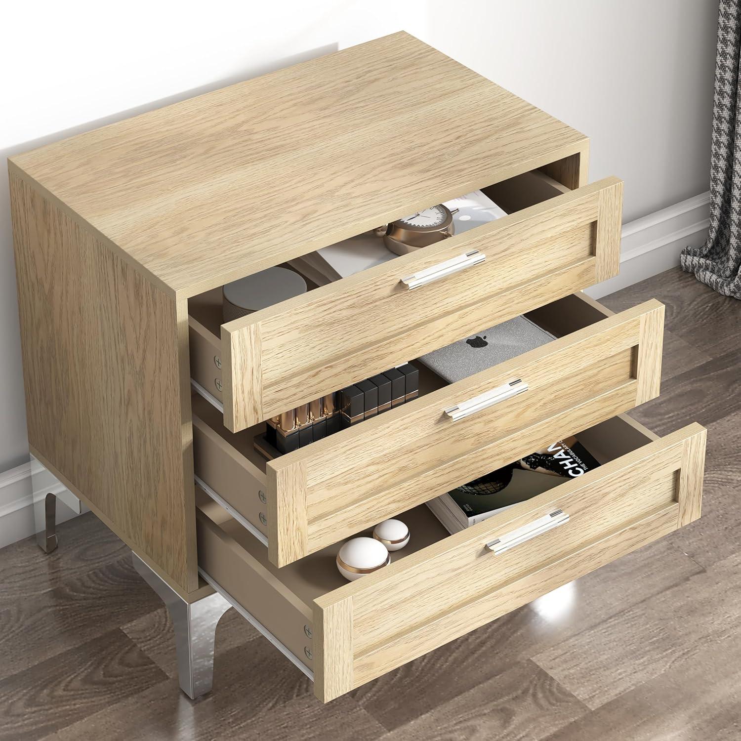 WiberWi Night Stand 3 Drawer Nightstand Dressers for Bedroom Mid-Century Modern Couch Side End Table for Living Room Wood Bedside Table with Drawers&Polished Silver Legs,Light Walnut