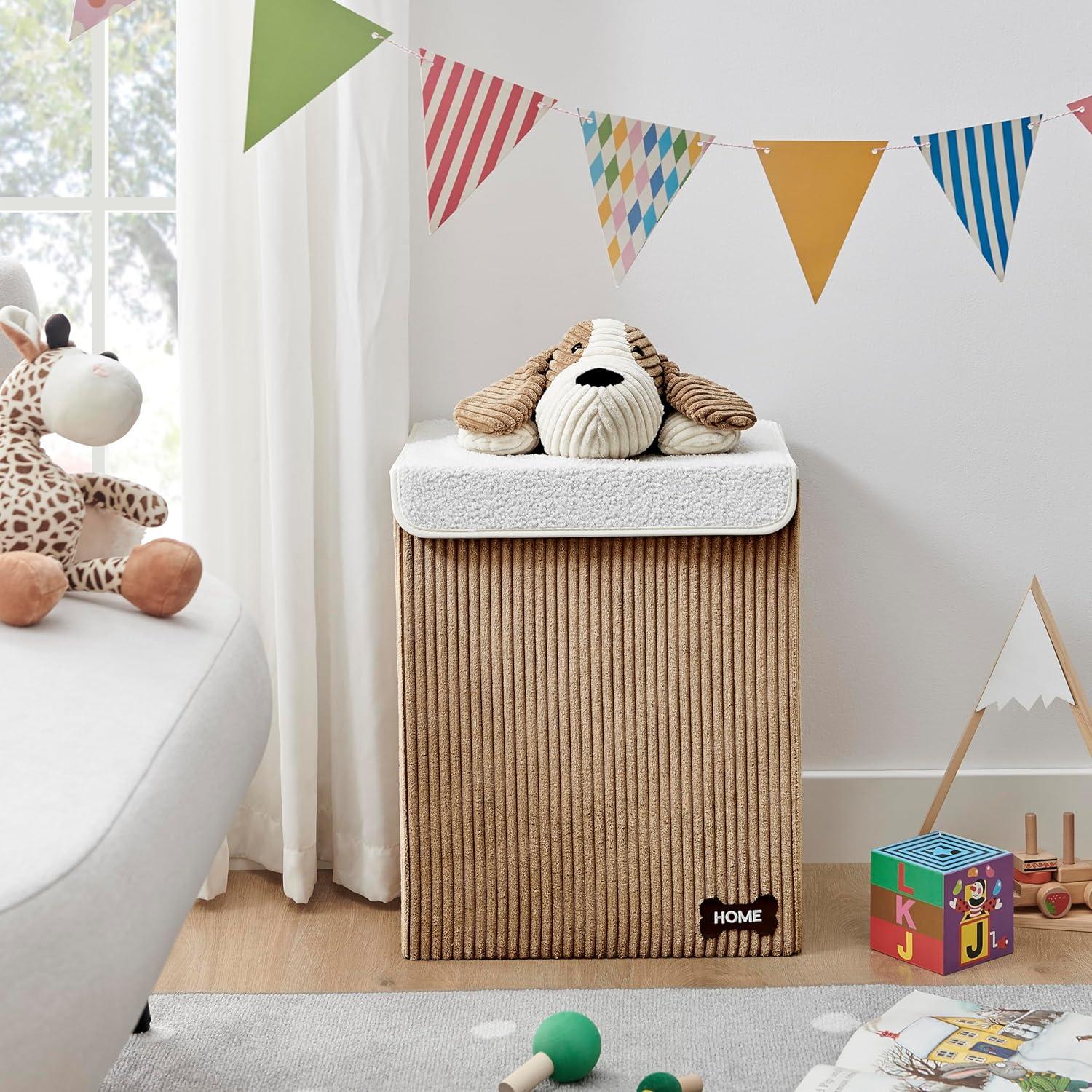 Danya B. Collapsible Folding Corduroy Kids' Laundry Hamper Toy Storage Brown with Dog Lid