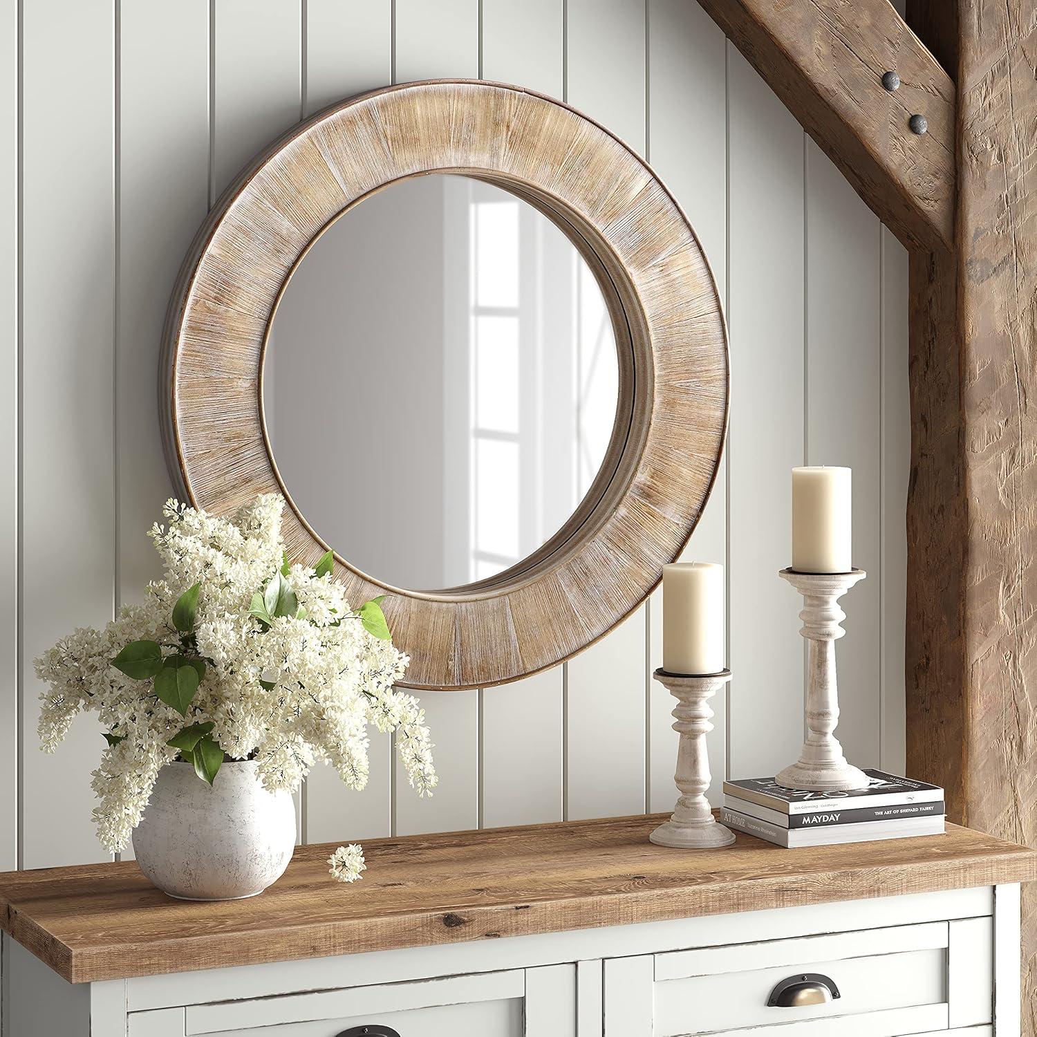 Rustic Round Brown Wood Mirror for Wall Decor