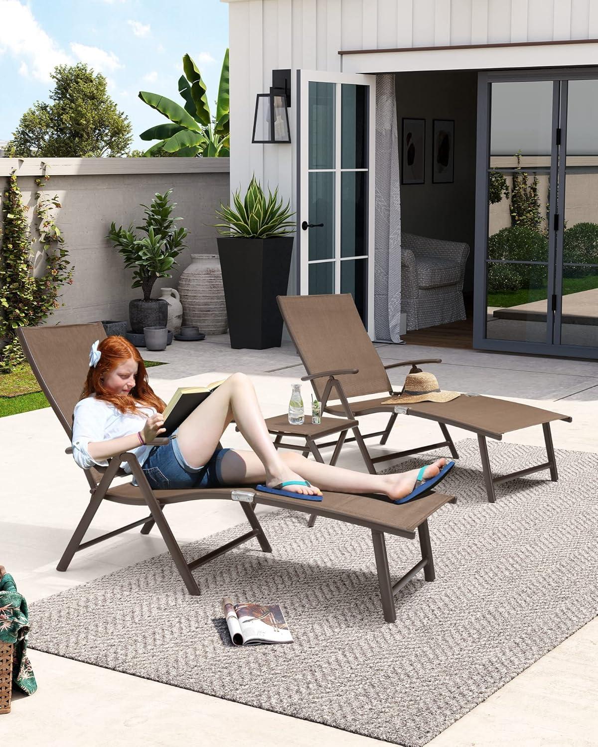 Brown Aluminum Adjustable Folding Patio Chaise Lounge Set