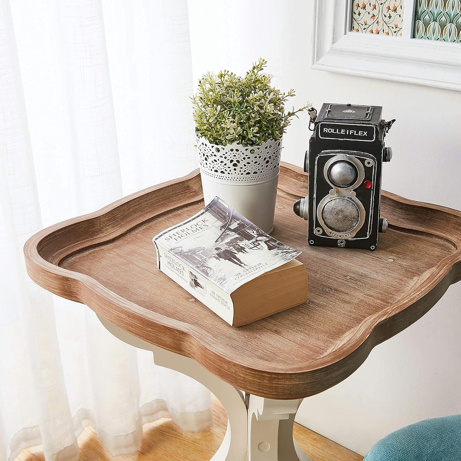 Rustic Farmhouse Cottagecore Accent End Table, Natural Tray Top Side Table Nightstand for Family, Dinning or Living Room, Handcrafted Finish, Modern, White