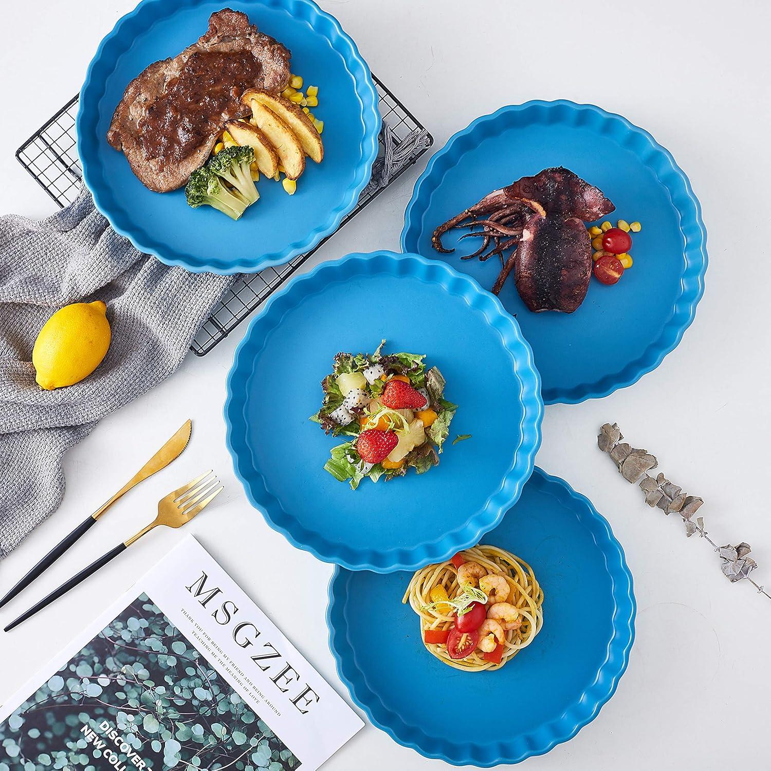 Bruntmor Ceramic Pie Pans Set of 4, Baking Dishes/Quiche Dish/Apple Pie/Tart. Oven Safe Nonstick Porcelain Round Baking Plate/Pot/Tart Pan. 10"/ Blue