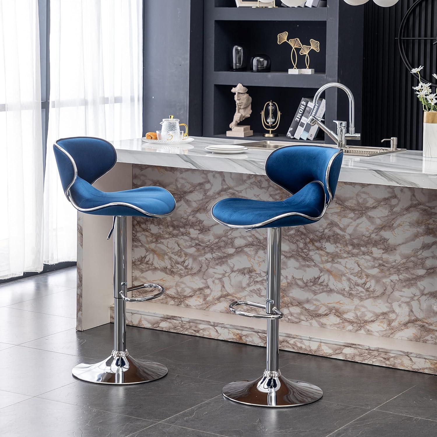 Masaccio Velvet Upholstered Adjustable Swivel Barstool(Set of 2) in Blue