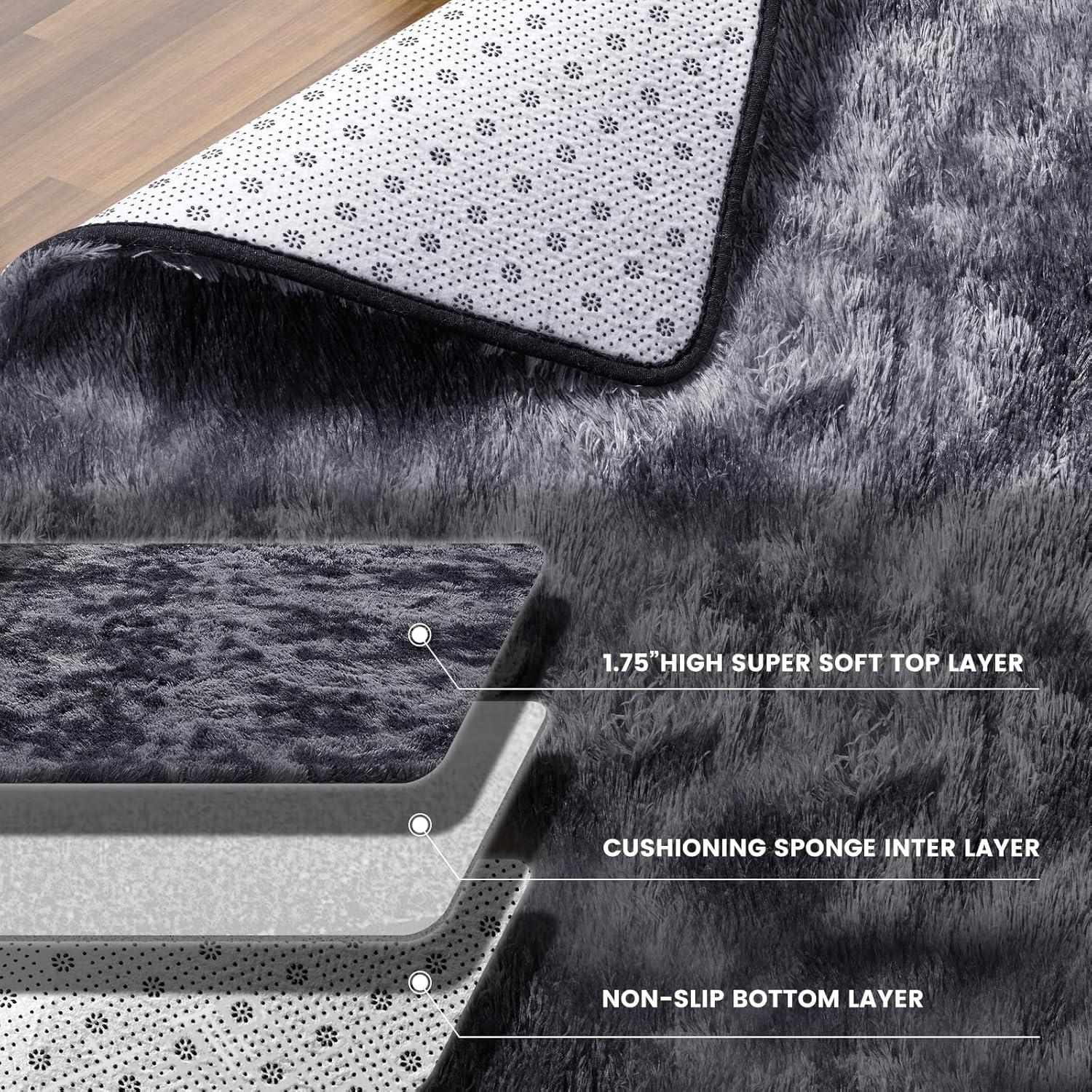 9X12 Feet High Pile Tie-Dye Rug, Dark Grey, Area Rug for Living Room, Plush Shag Carpet for Kids Room, Extra Large Fuzzy Rug, Soft Home Decor