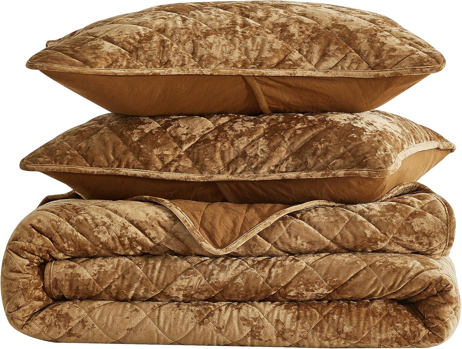Chezmoi Collection Diamond Stitch Reversible Plush Distressed Velvet Quilt Set
