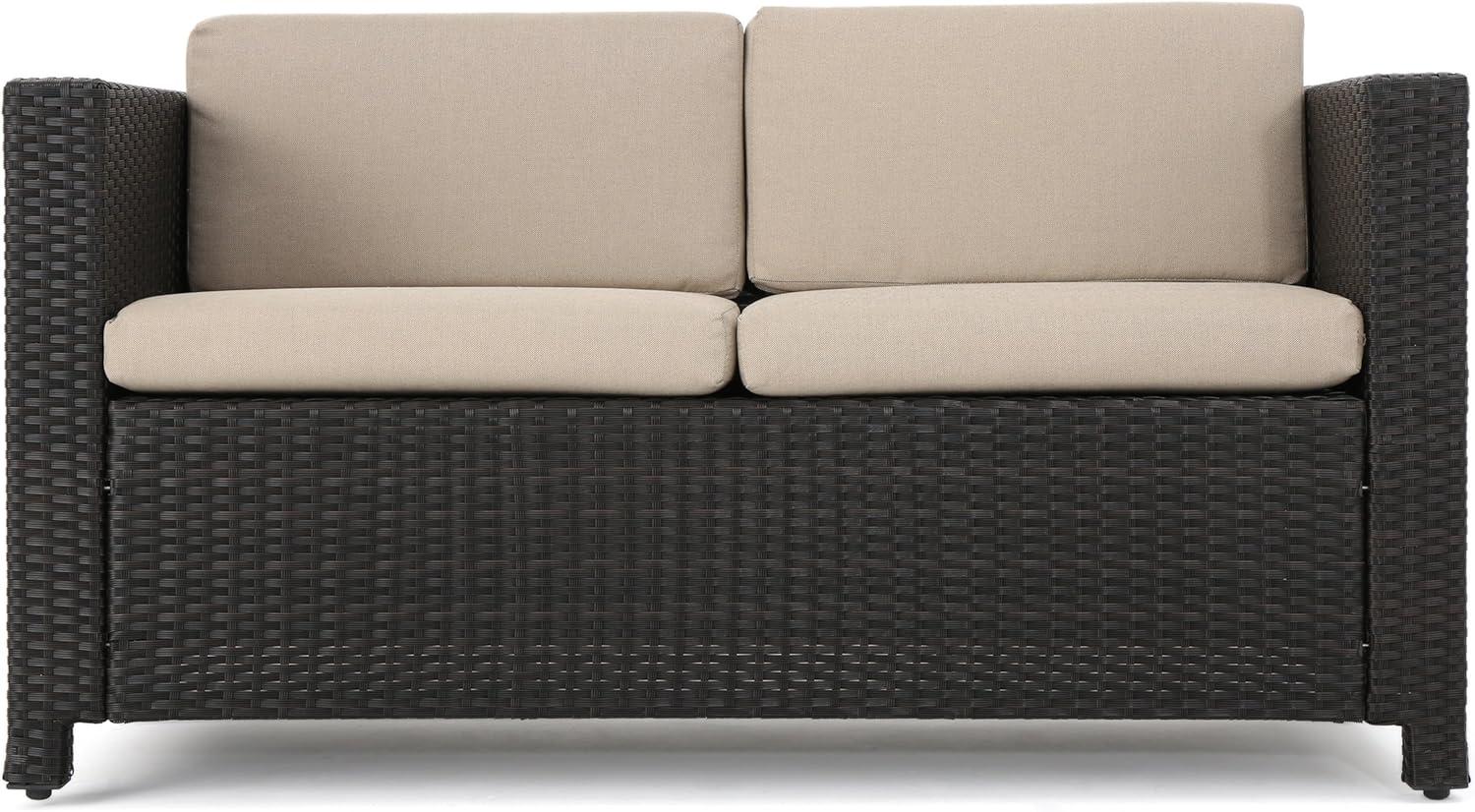Lorelei Outdoor Wicker Loveseat with Cushions, Dark Brown and Beige