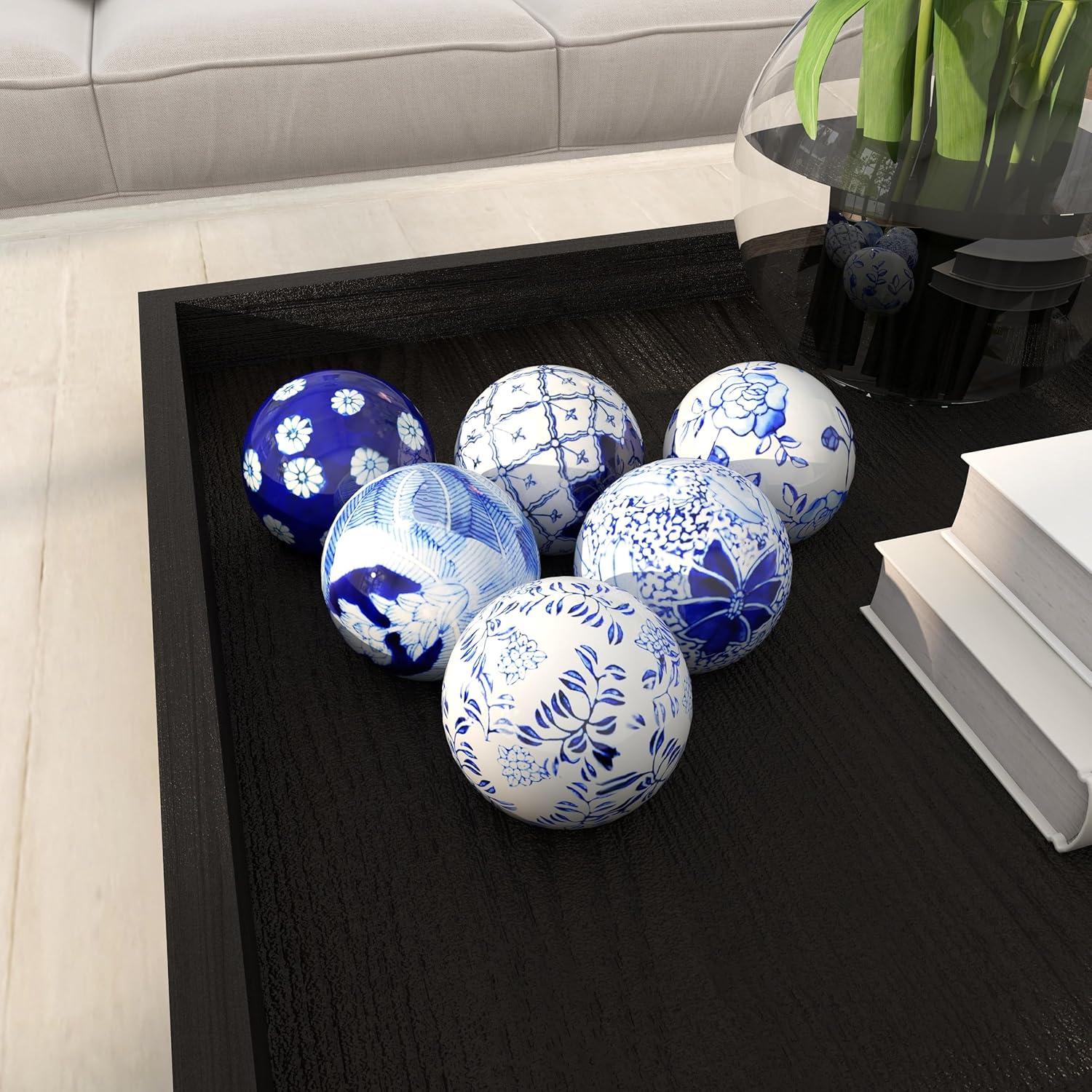 DecMode Blue 3" Floral Handmade Glossy Ceramic Orbs & Vase Filler with Varying Patterns (6 Count)