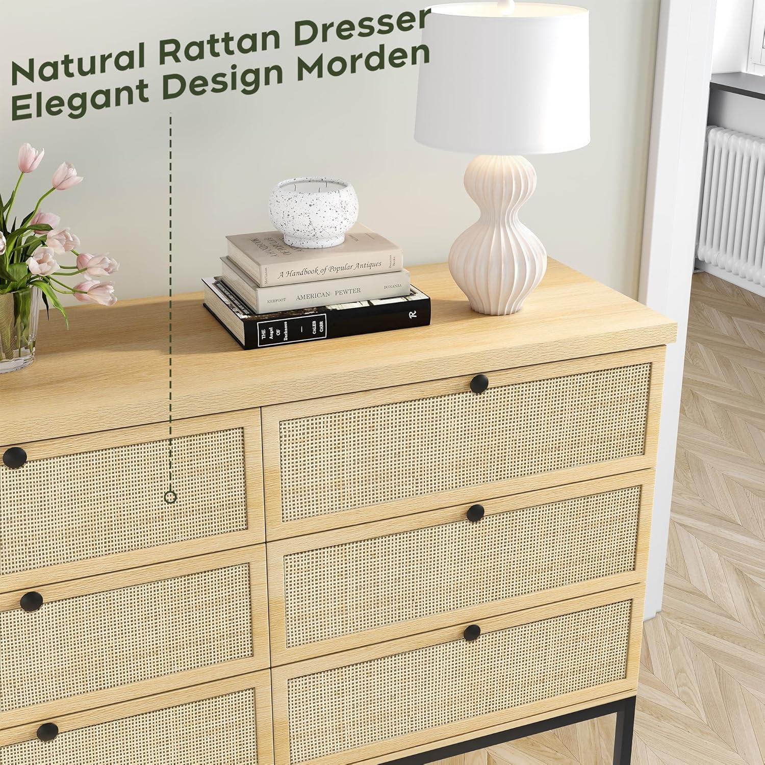 Natural Rattan 6-Drawer Dresser with Black Steel Legs