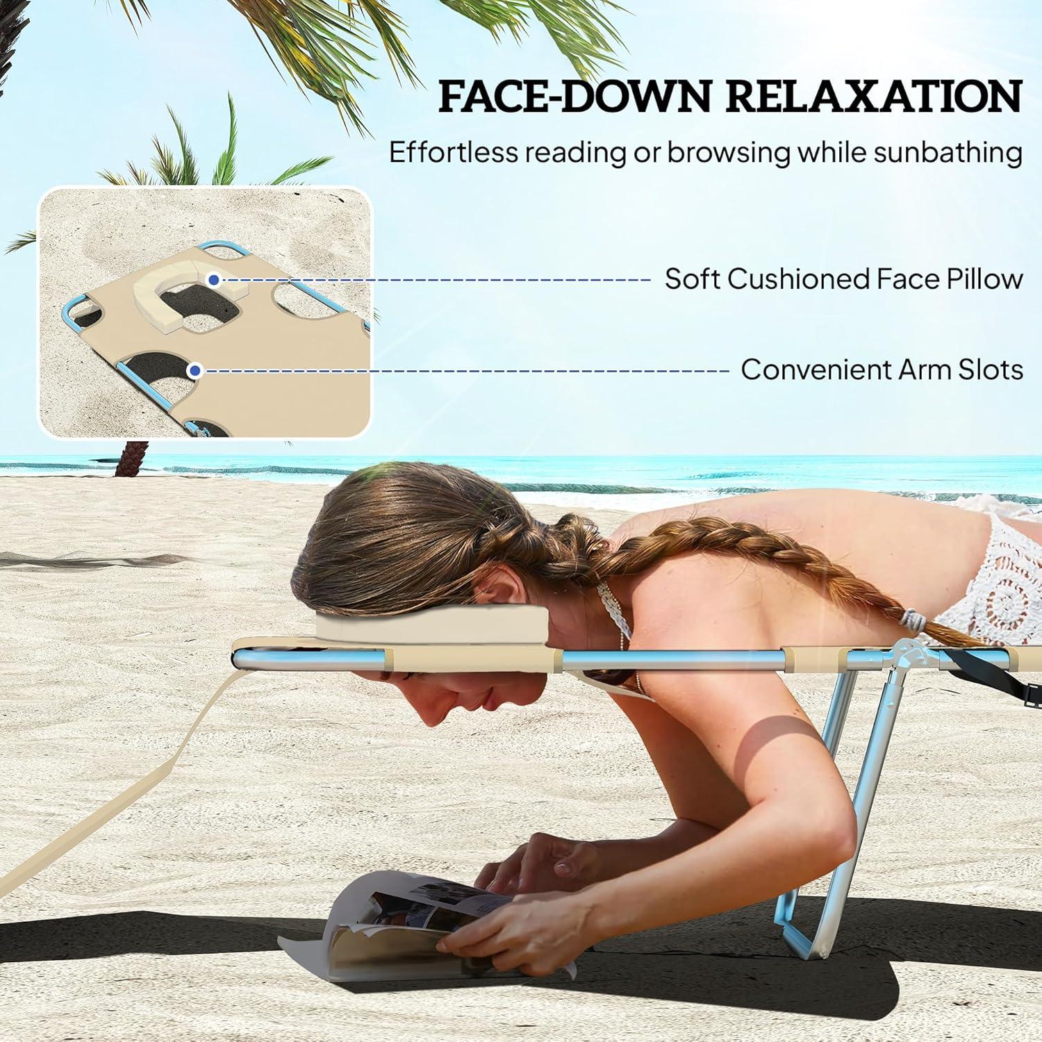 Outsunny Folding Beach Lounge Chair with Face Hole and Arm Slots, 5-Level Adjustable Sun Lounger Tanning Chair with Pillow for Patio, Garden, Beach, Pool, Beige