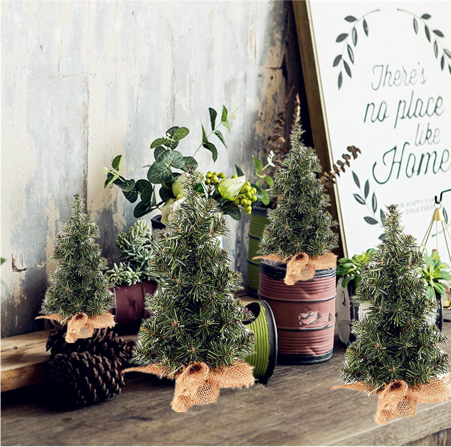 4 Pack Tabletop Mini Christmas Tree Artificial Mini Xmas Pine Tree Miniature Pine Christmas Tree with Linen Base for Christmas Decorations Indoor Home Kitchen Dining Table (7.87 inch &11.81inch)