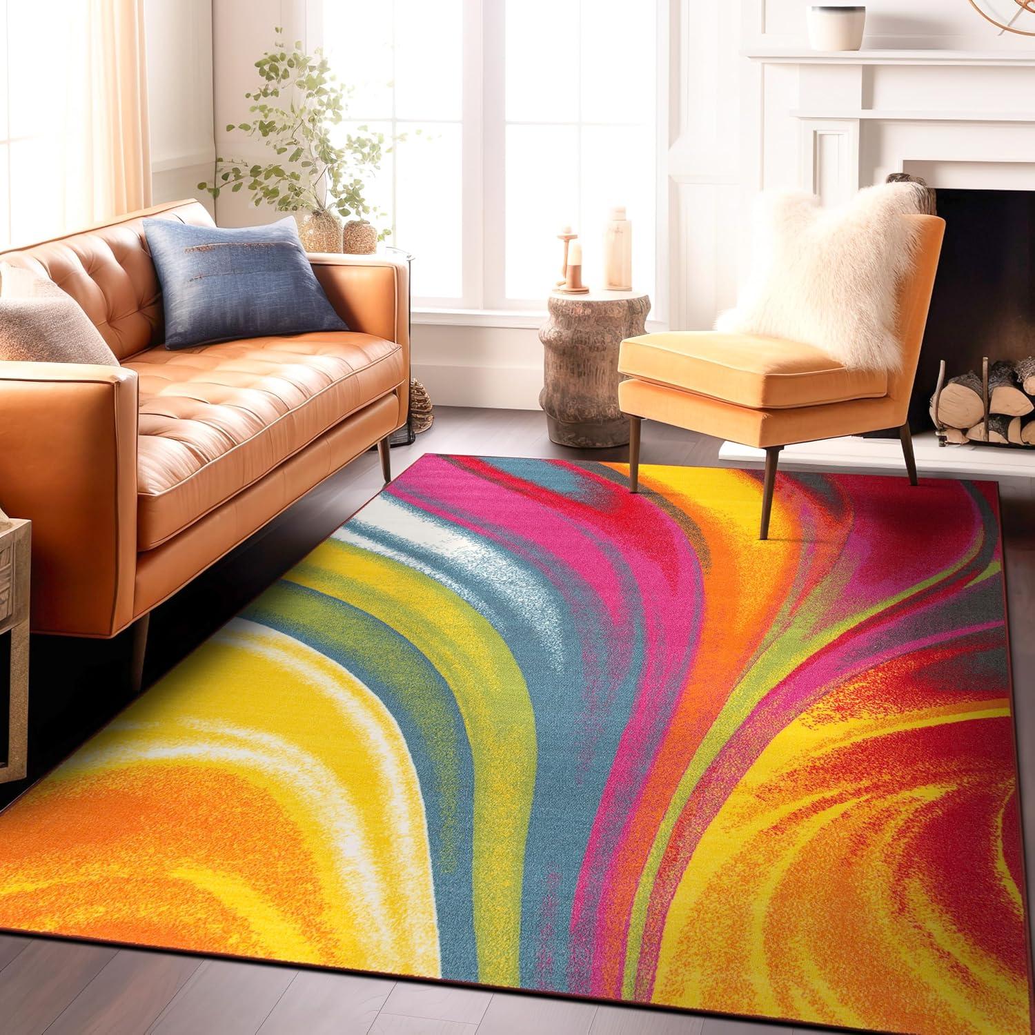World Rug Gallery Modern Contemporary Waves Multicolored Non-slip (Non-skid) Area Rug - Multi 5'3" x 7'3"