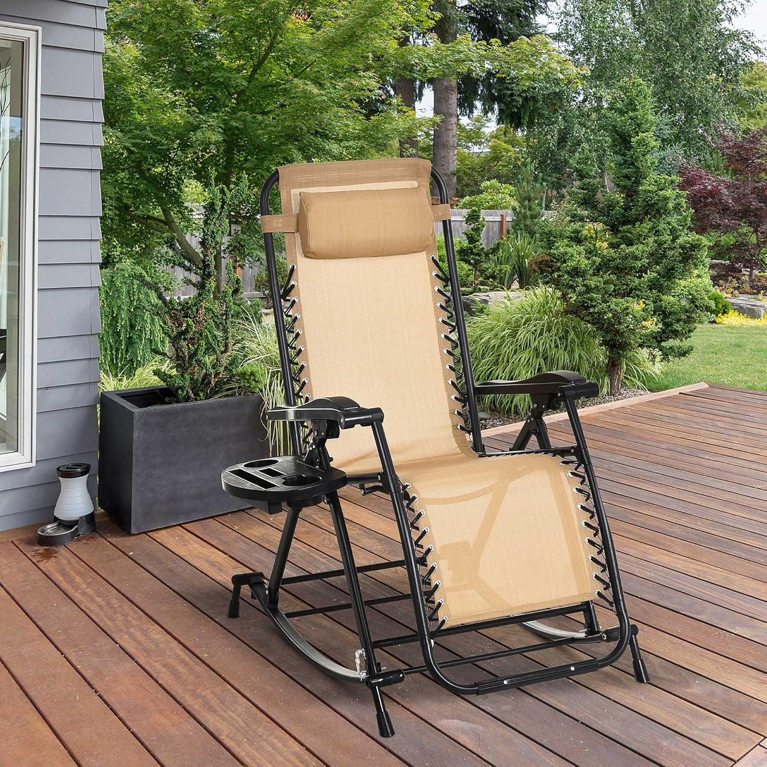 Outsunny Outdoor Rocking Chairs, Foldable Reclining Zero Gravity Lounge Rocker w/ Pillow, Cup & Phone Holder, Combo Design w/ Folding Legs, Beige