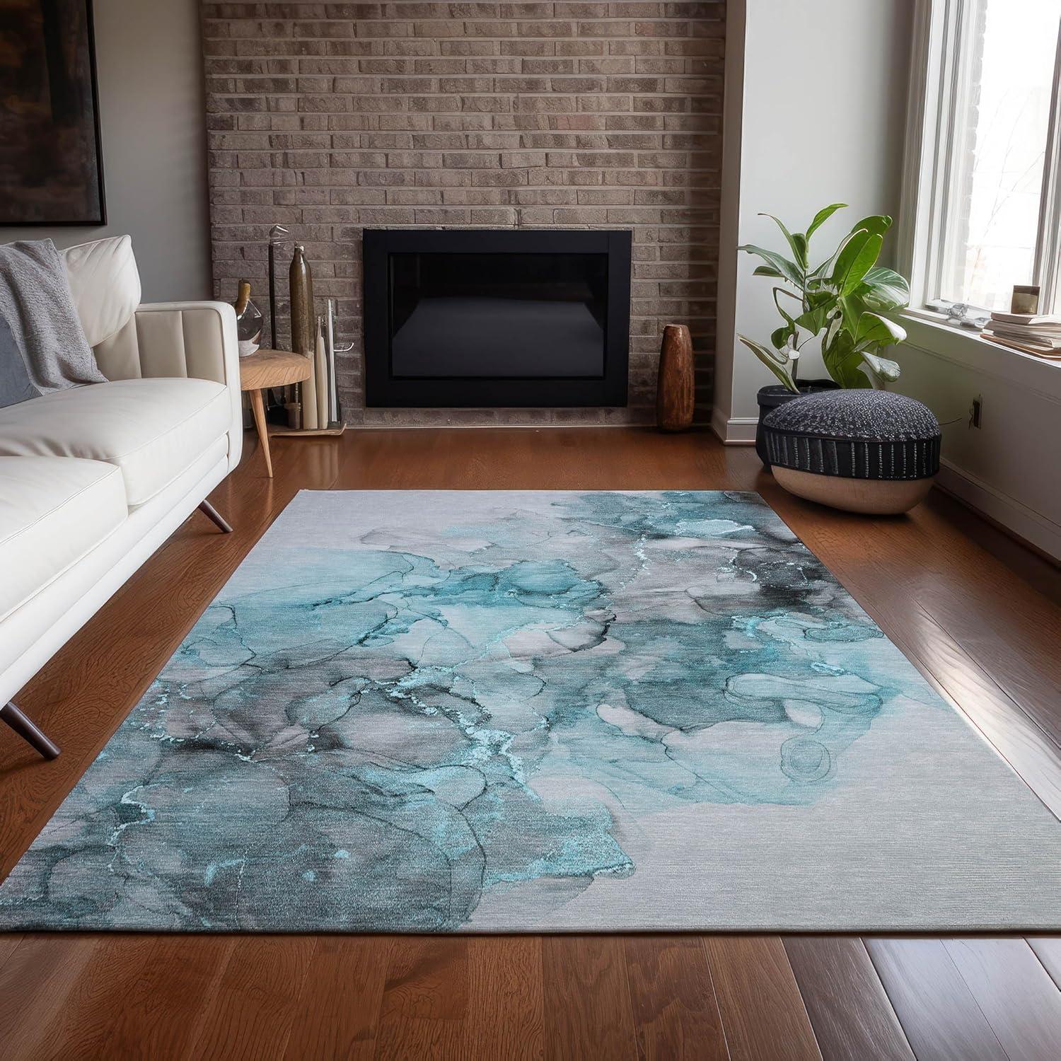 Teal and Gray Watercolor 5' x 7'6'' Machine Washable Area Rug