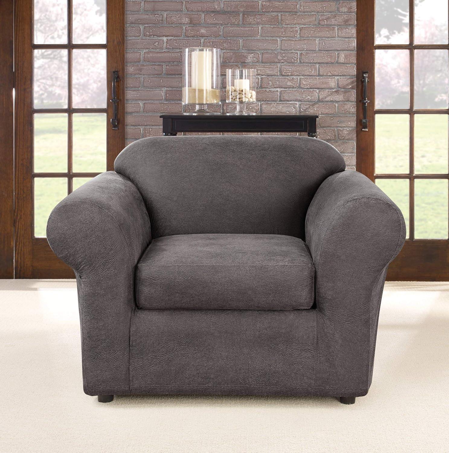 2pc Ultimate Stretch Leather Chair Slipcovers Slate - Sure Fit: Box Cushion Compatible, Machine Washable