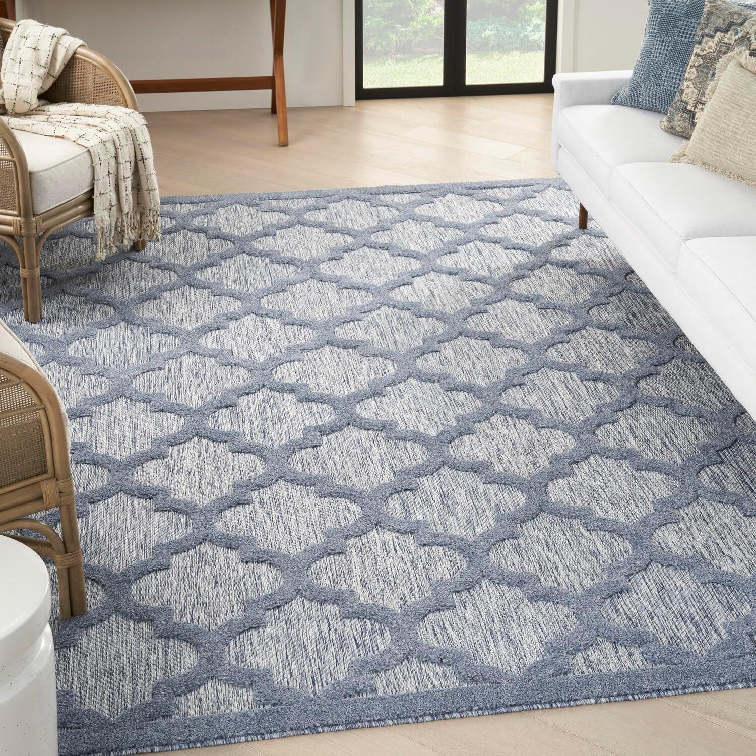 Denim Blue and White Synthetic Trellis Flat Woven Rug 7' x 10'