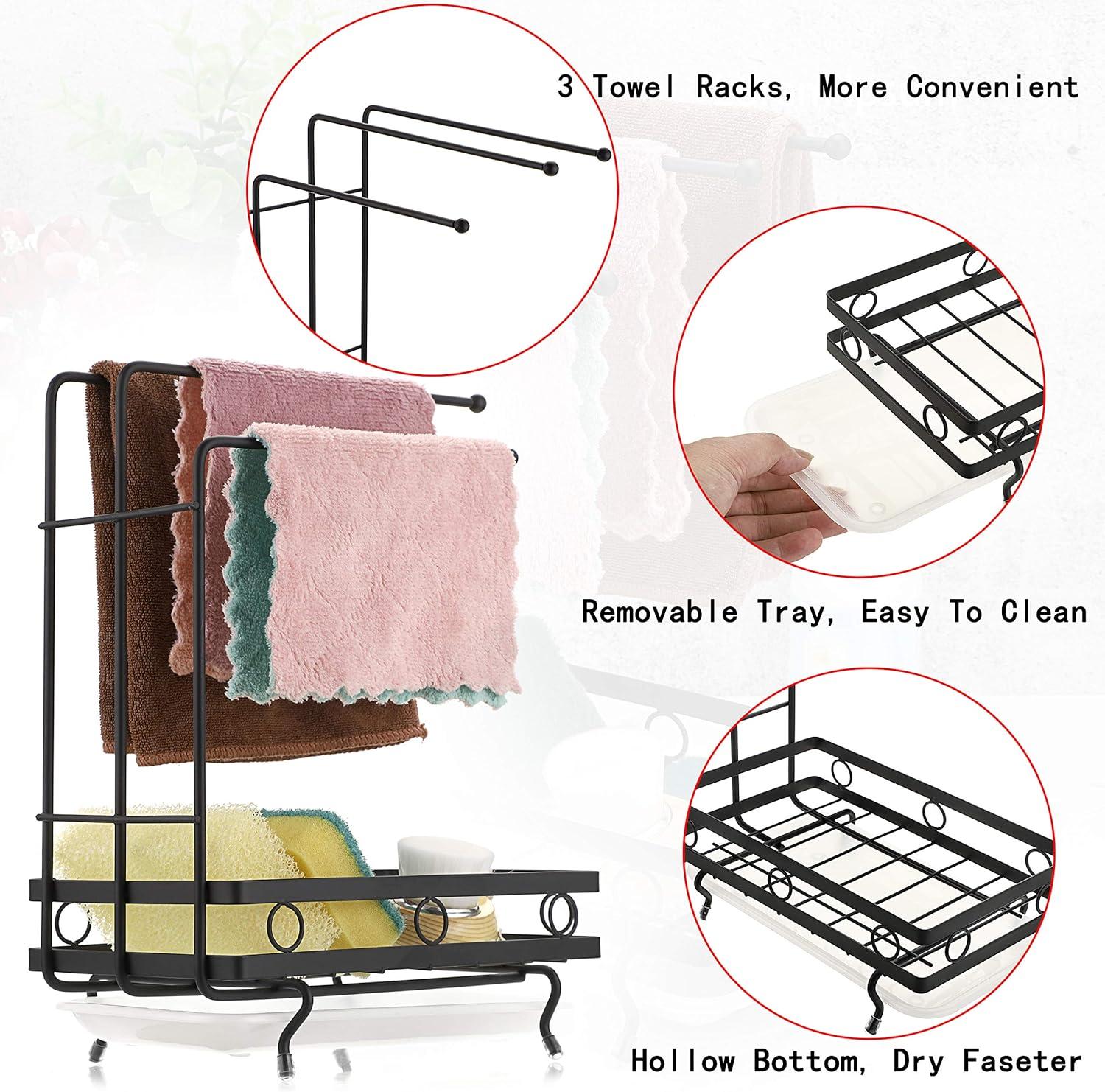 JUXYES Kitchen Sink Caddy Sponge Holder with Dishcloth Drying Rack, Kitchen Rag Stand Sponge Brush Soap Dish Dishcloth Rack Sink Storage Organizer for Kitchen Countertop (Black)