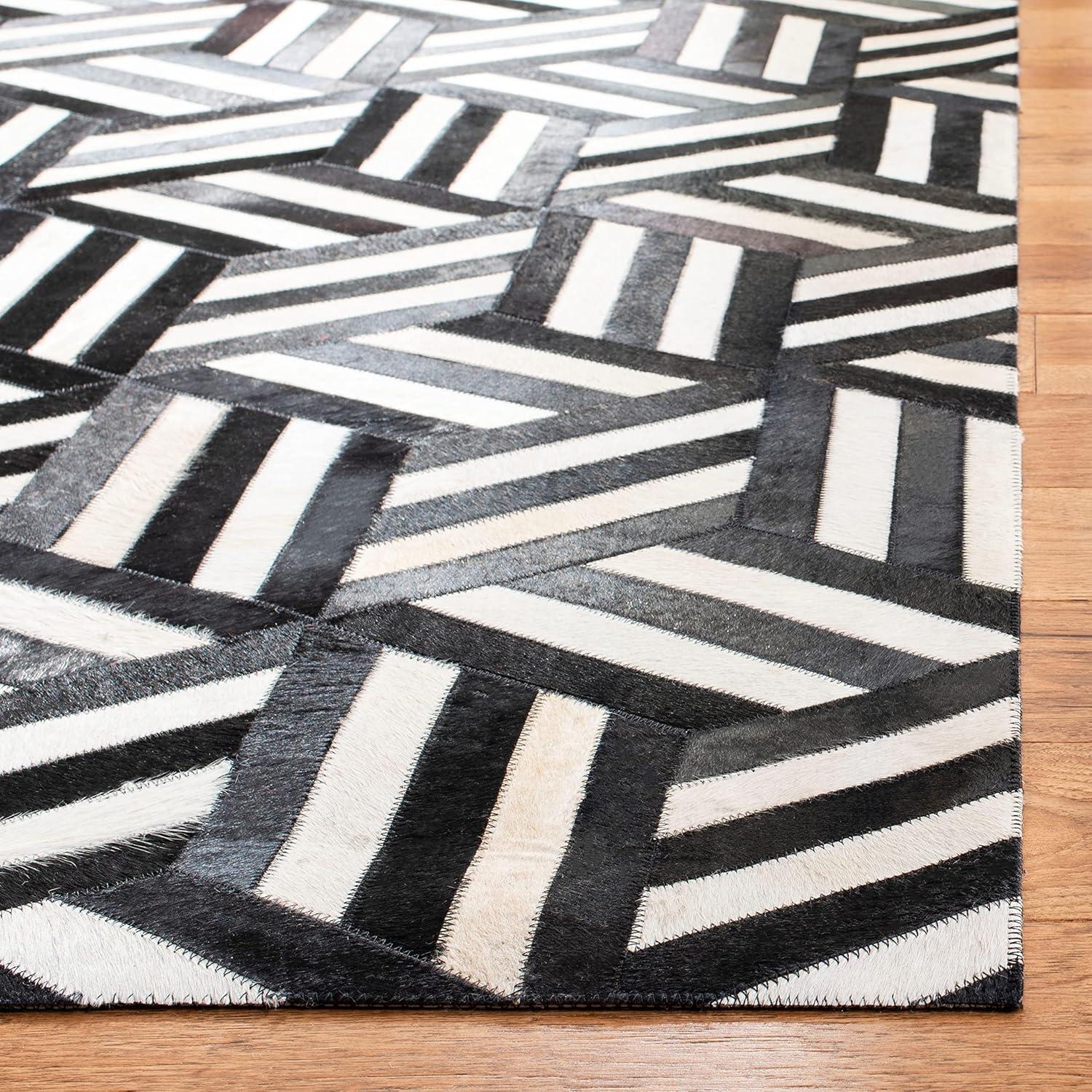 Ivory and Black Geometric Cowhide Area Rug, 8' x 10'