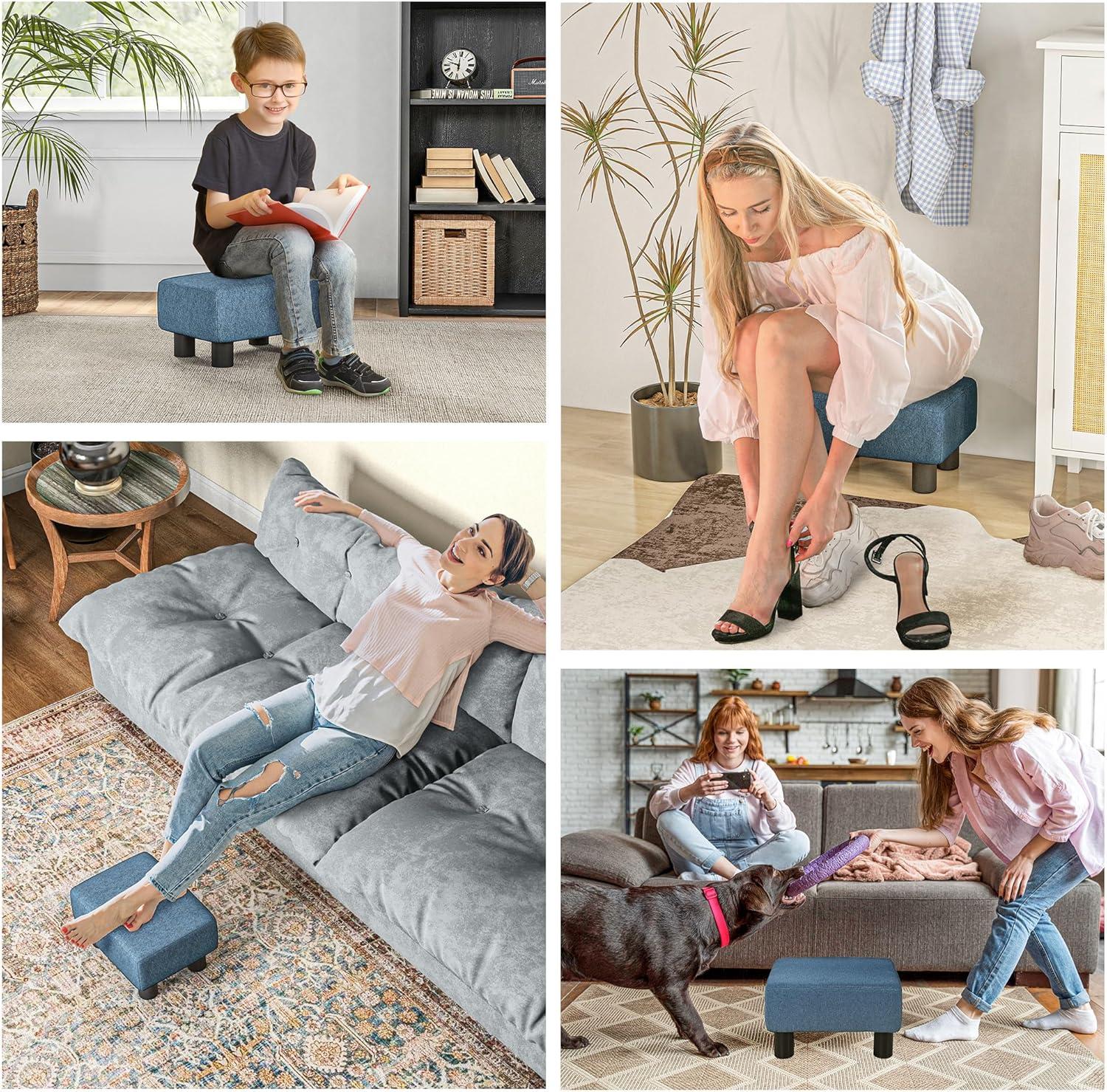 HOMCOM 16” Cube Modern Linen Fabric Pouf Footrest Ottoman - Dark Blue