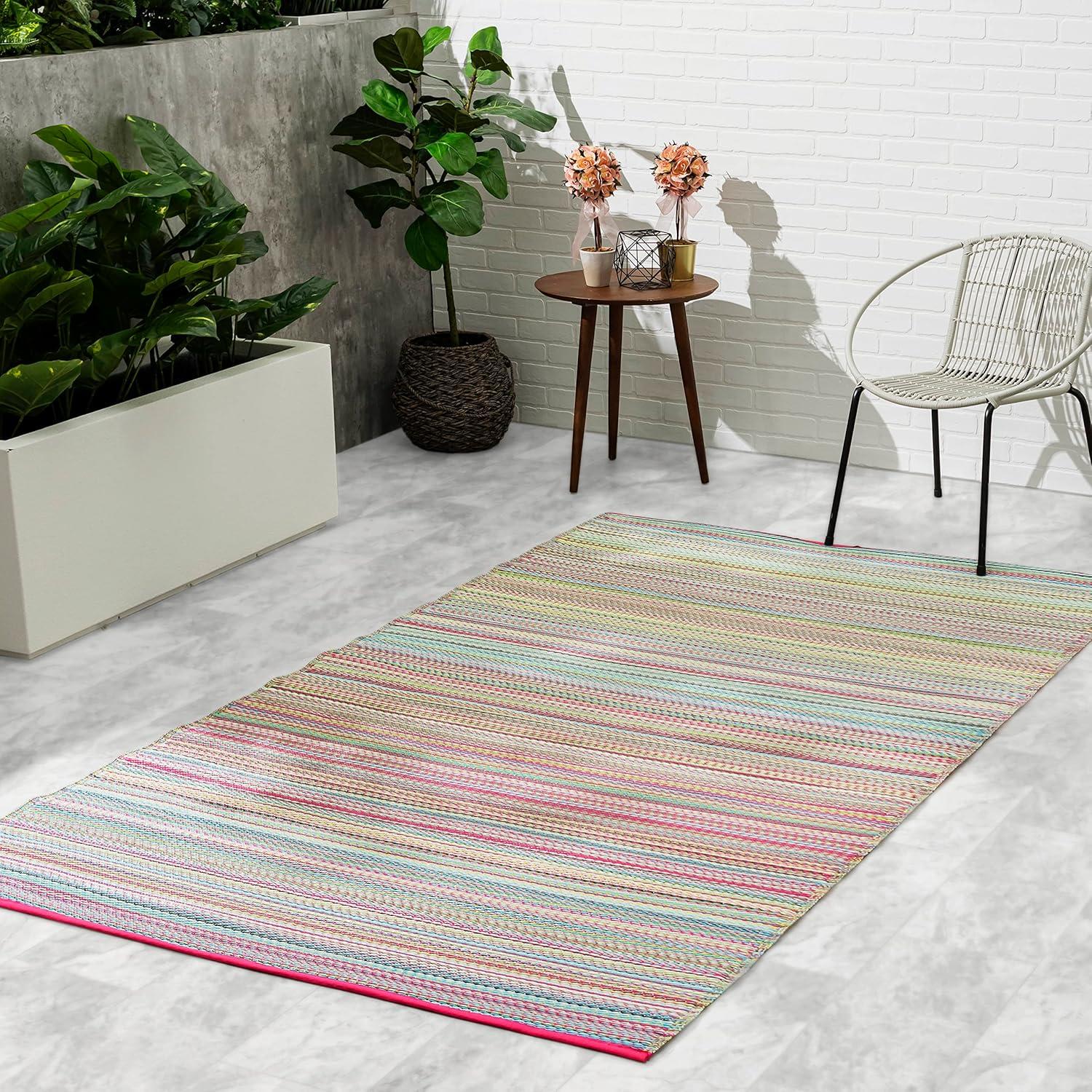 Vibrant Multicolor Striped Reversible Outdoor Rug, 5' x 8'