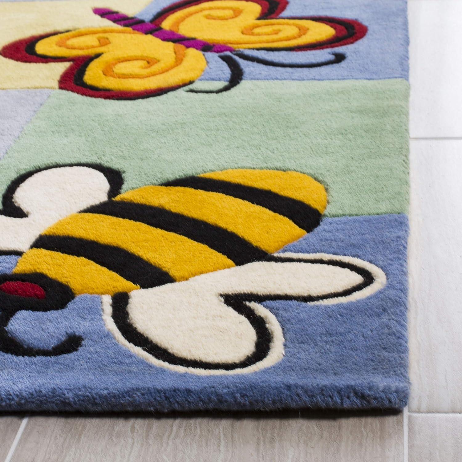 Handmade Multi-Color Wool Kids Rug with Butterfly and Flower Design