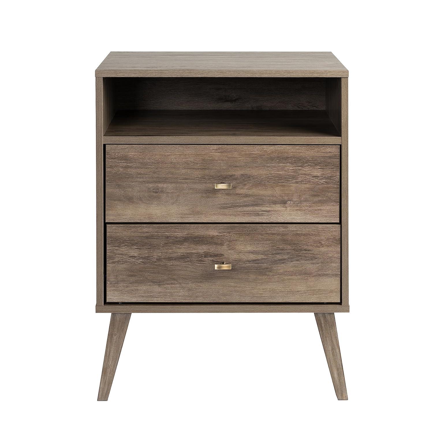 Milo Mid Century Modern 2 Drawer Tall Nightstand: Brass Knobs, Wood Legs - Prepac