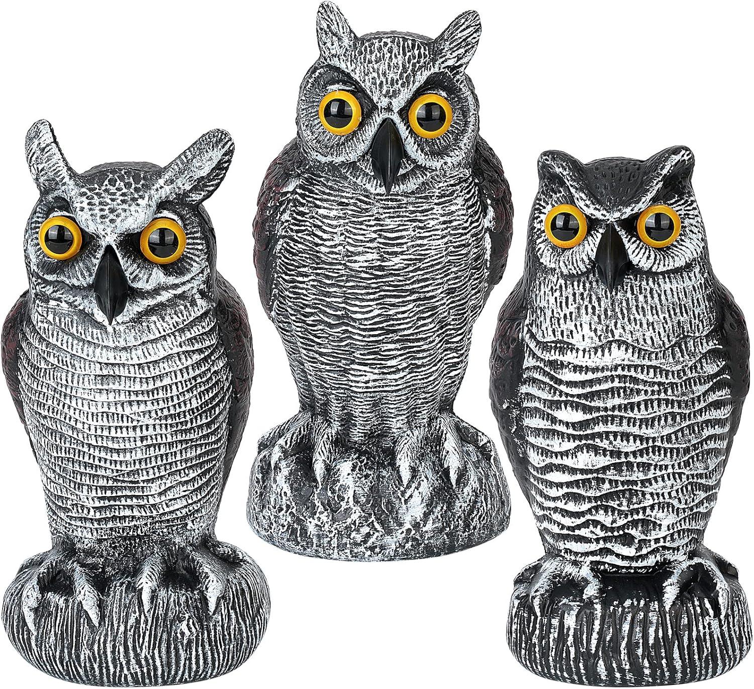 3 Pack Fake Owl Decoys to Scare Birds Away from Gardens and Patios, Lifelike Simulation Owl Bird Deterrent, Nature Enemy Scarecrow Plastic Owl Statues, Pest Repellent, Pigeon Deterrent