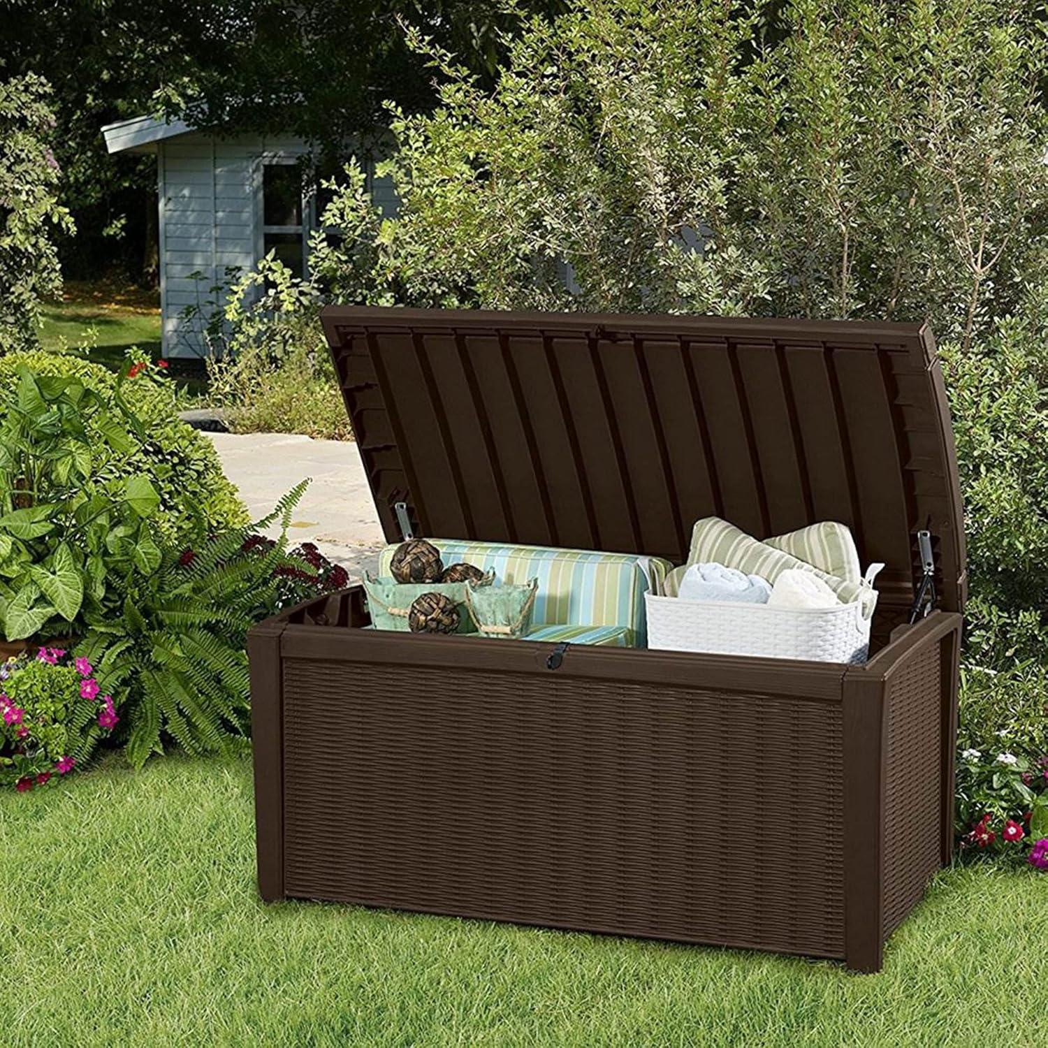 Keter Borneo 110 Gallon Rattan Wicker Resin Patio Deck Storage Box Bench
