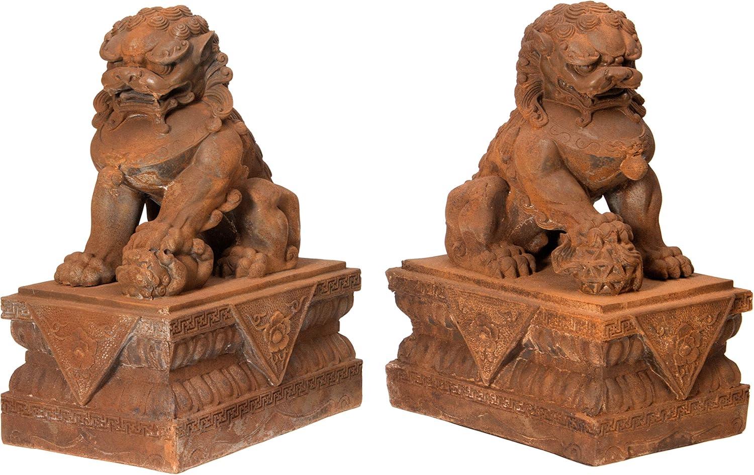 Oriental Furniture 18" Foo Dog Rust Patina Statues, set of 2