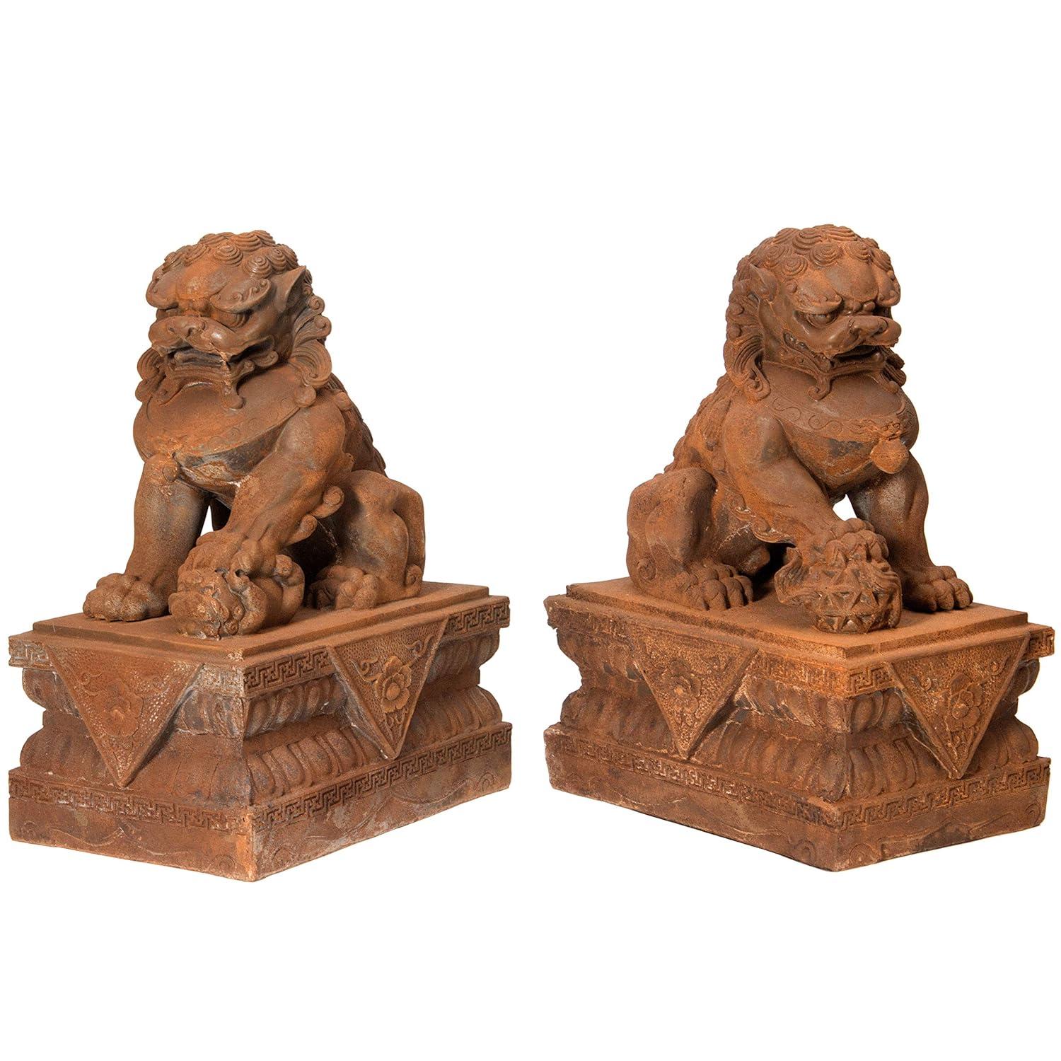 Oriental Furniture 18" Foo Dog Rust Patina Statues, set of 2