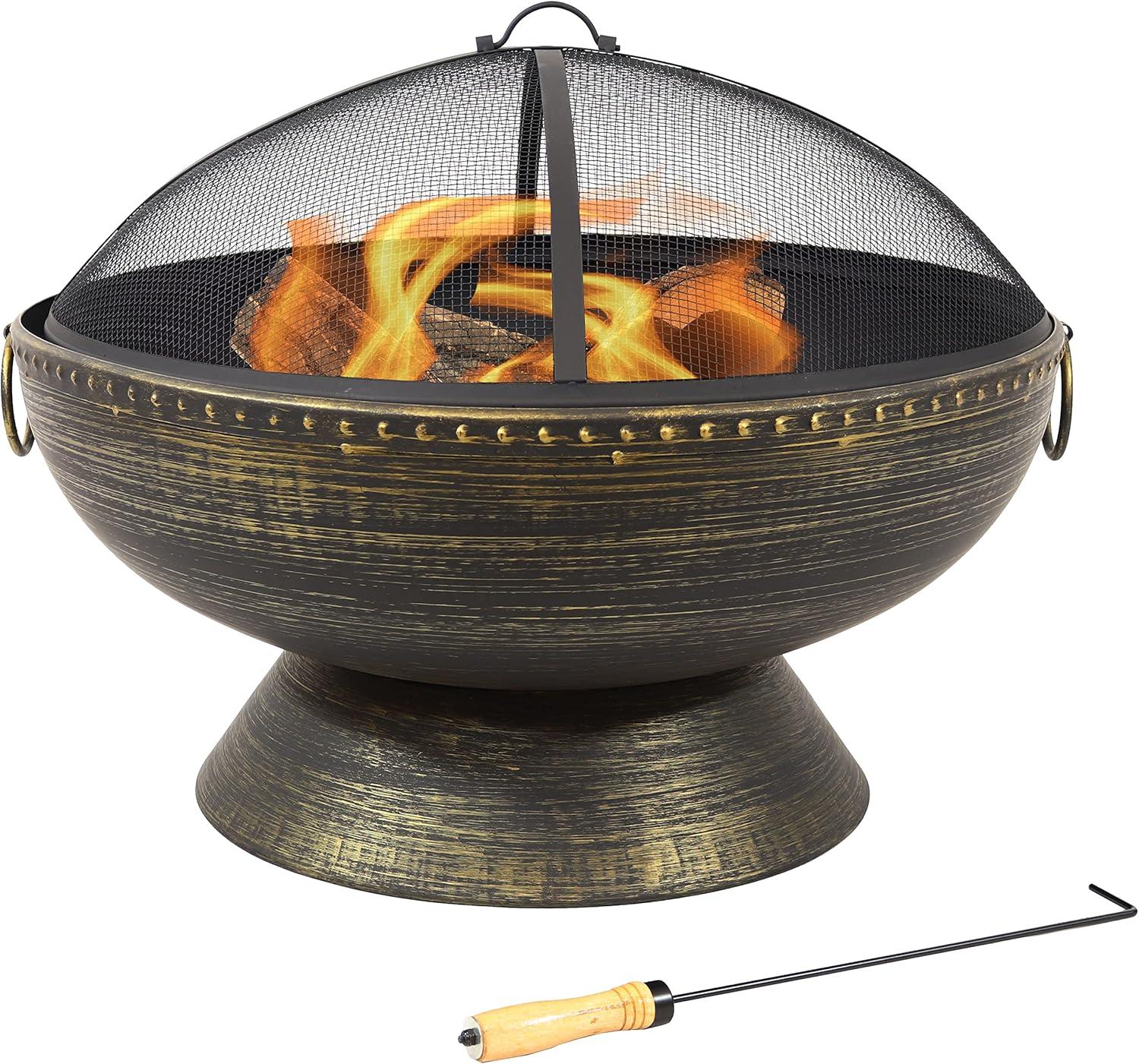 SunnyDaze Decor 30" Wood-Burning Black Finish Steel Fire Pit Bowl with Screen, Grate, and Poker