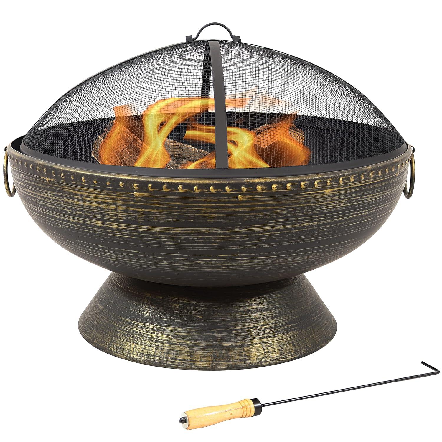 SunnyDaze Decor 30" Wood-Burning Black Finish Steel Fire Pit Bowl with Screen, Grate, and Poker