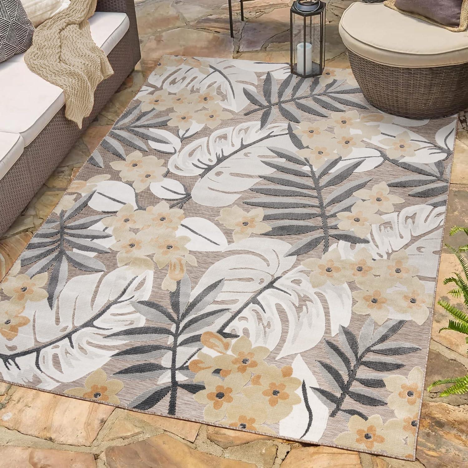 Gertmenian Tara Polly Gray Yellow Ivory Large Tropical Hawaiian Indoor/ Outdoor Flatweave High-Low Area Rug